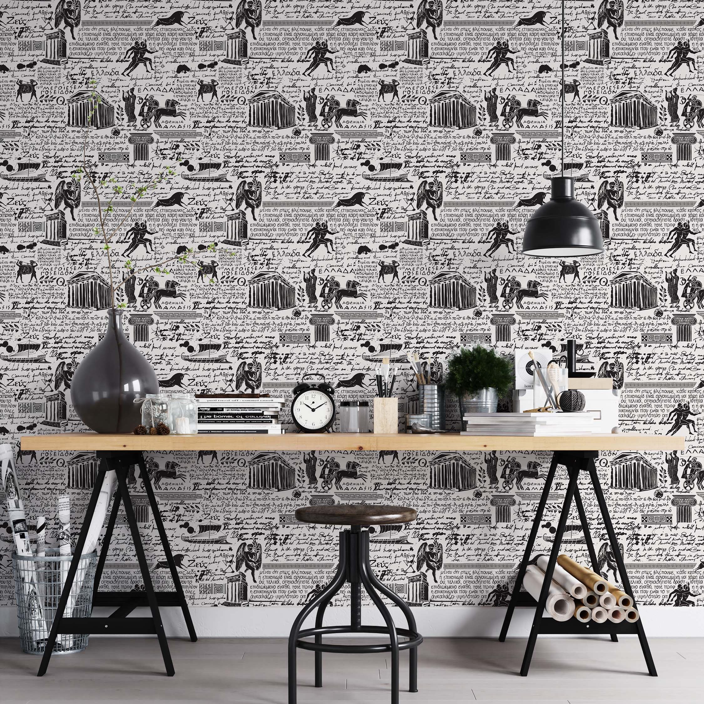 Black and white wallpaper with repeating ancient Greek motifs including temples, figures, ships, and script on a white background.