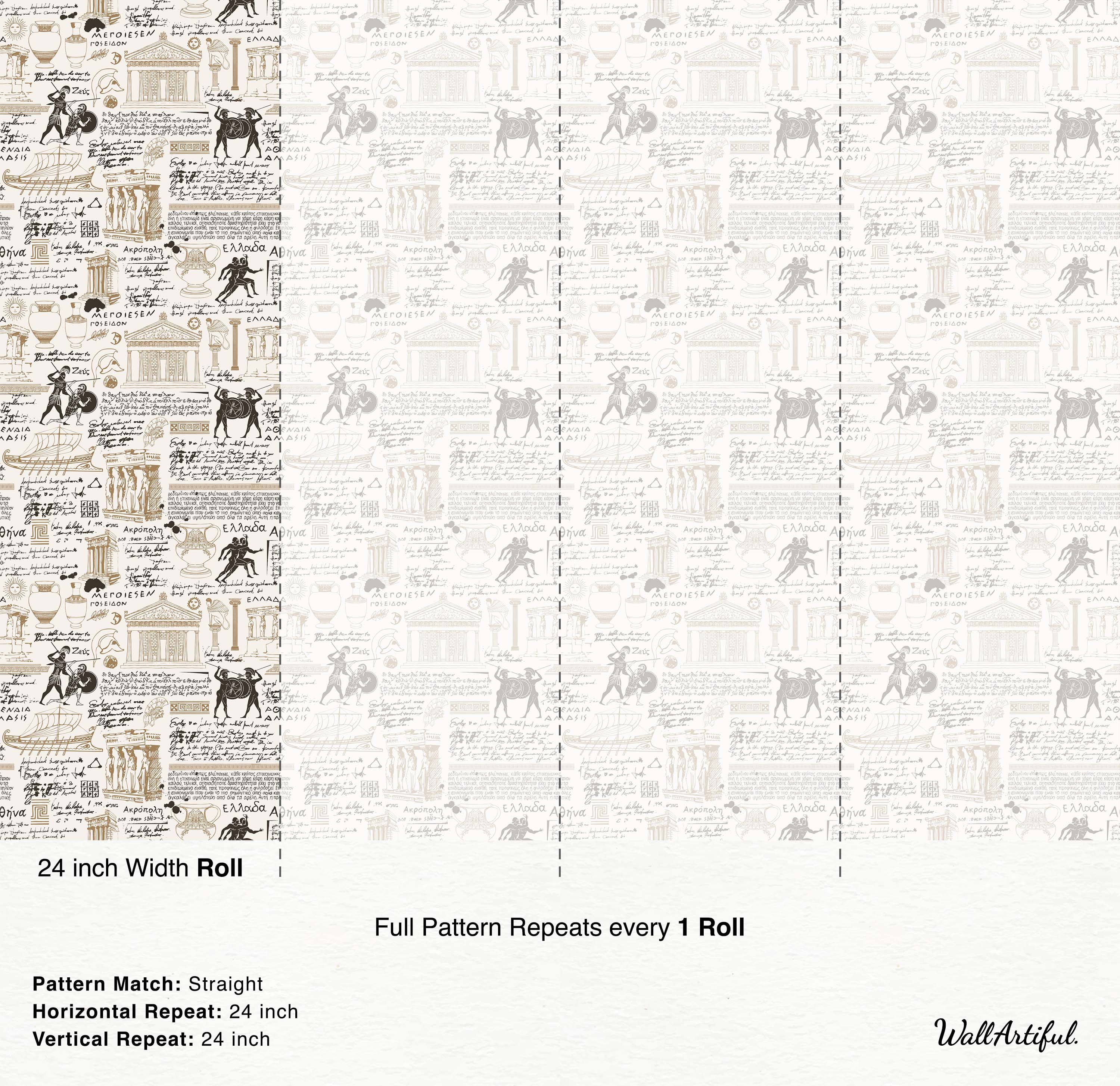 Wallpaper with a repeating collage of ancient Greek illustrations, script, and architectural elements, in beige, brown, and black.