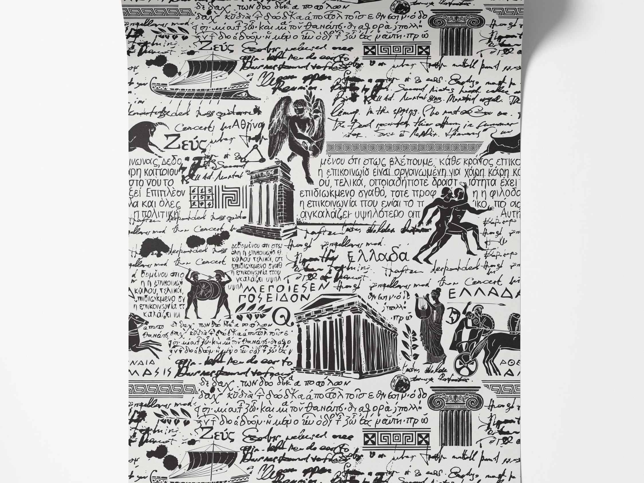 Black and white wallpaper featuring a dense collage of ancient Greek script, figures, architectural sketches, and symbols.