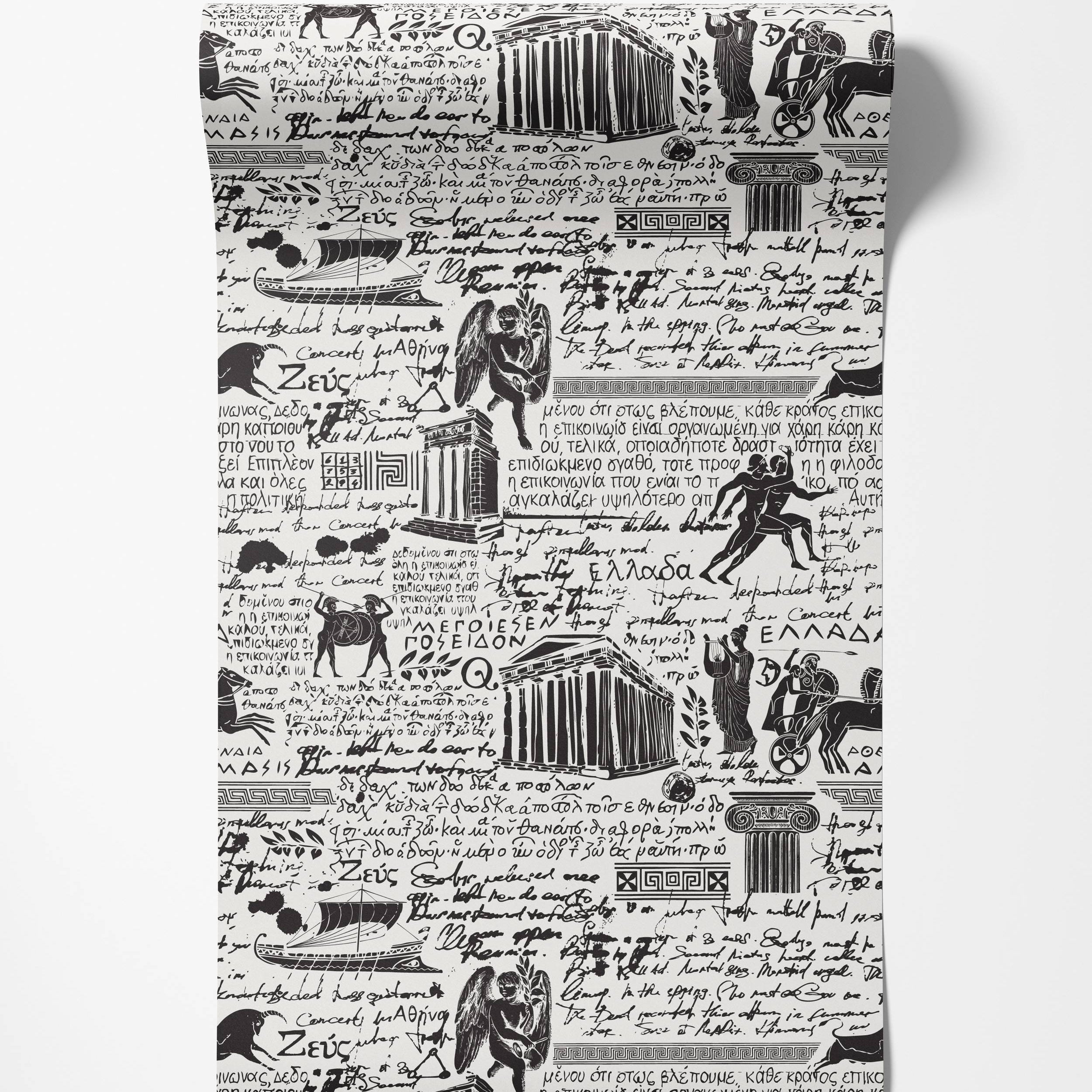 Black and white wallpaper featuring a dense collage of ancient Greek script, figures, architectural sketches, and symbols.