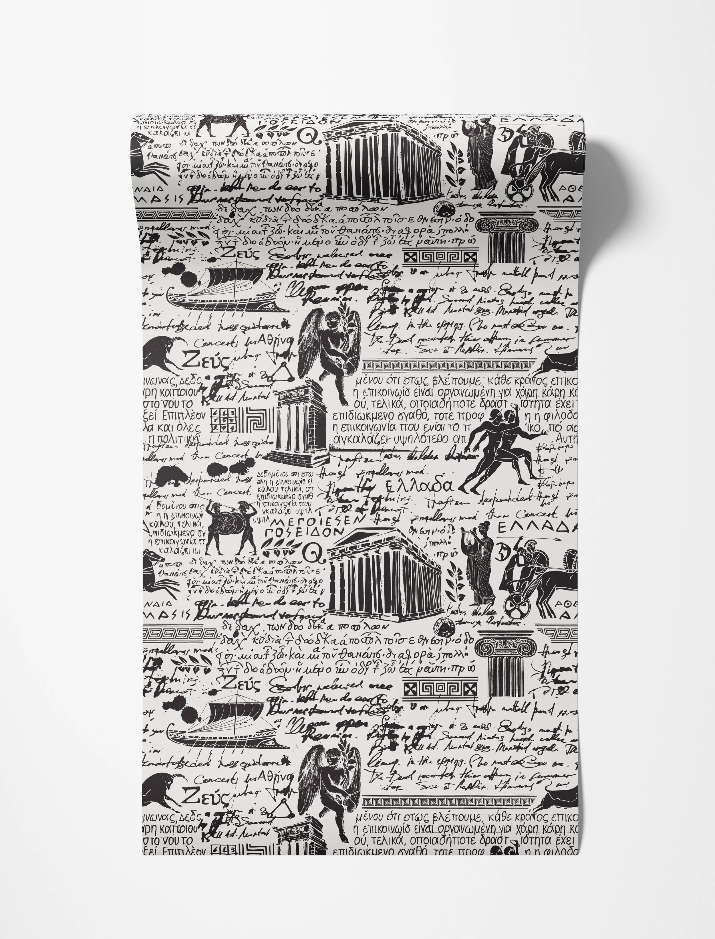 Black and white wallpaper featuring a dense collage of ancient Greek script, figures, architectural sketches, and symbols.