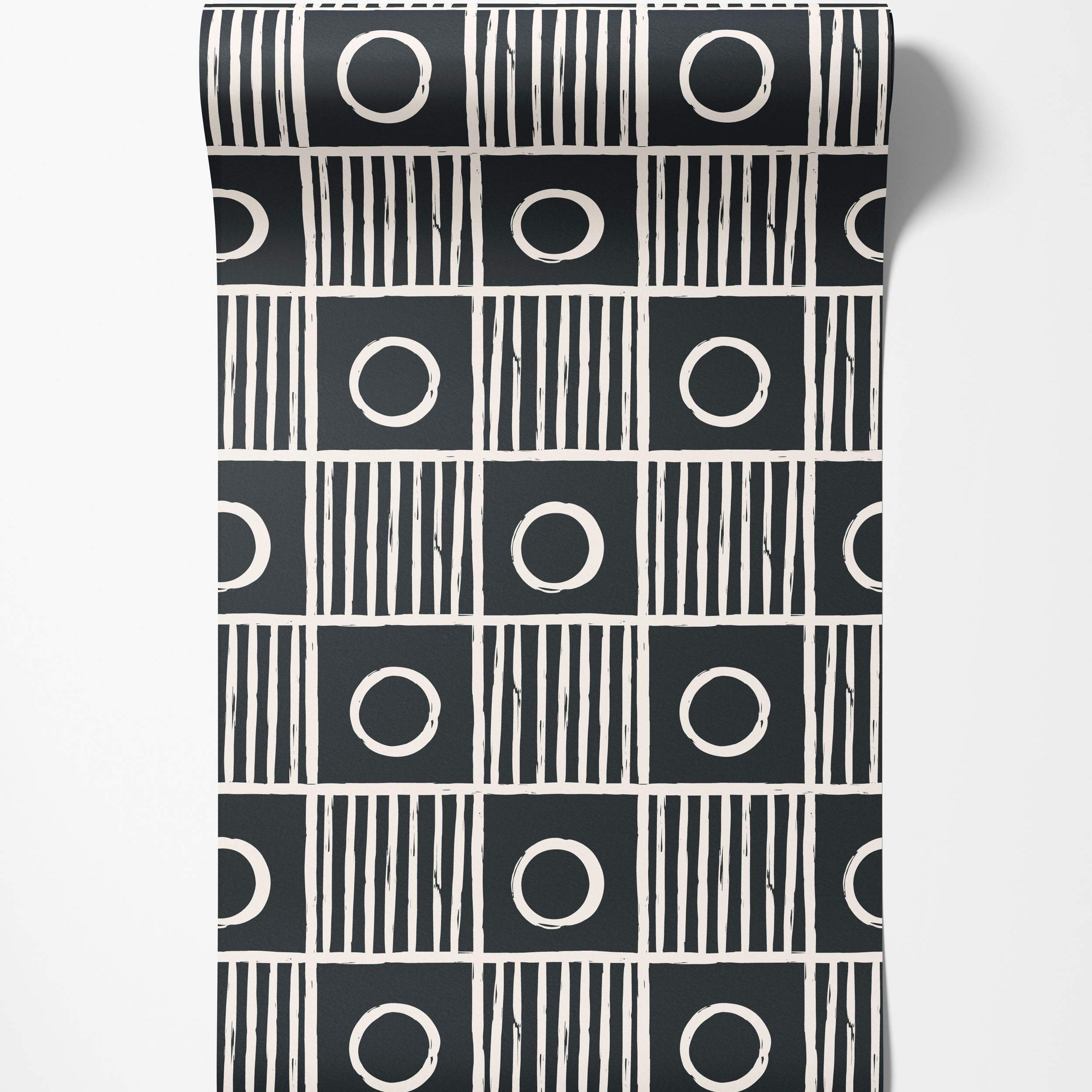 Geometric wallpaper featuring a black grid with alternating squares of off-white vertical stripes and central off-white circles.