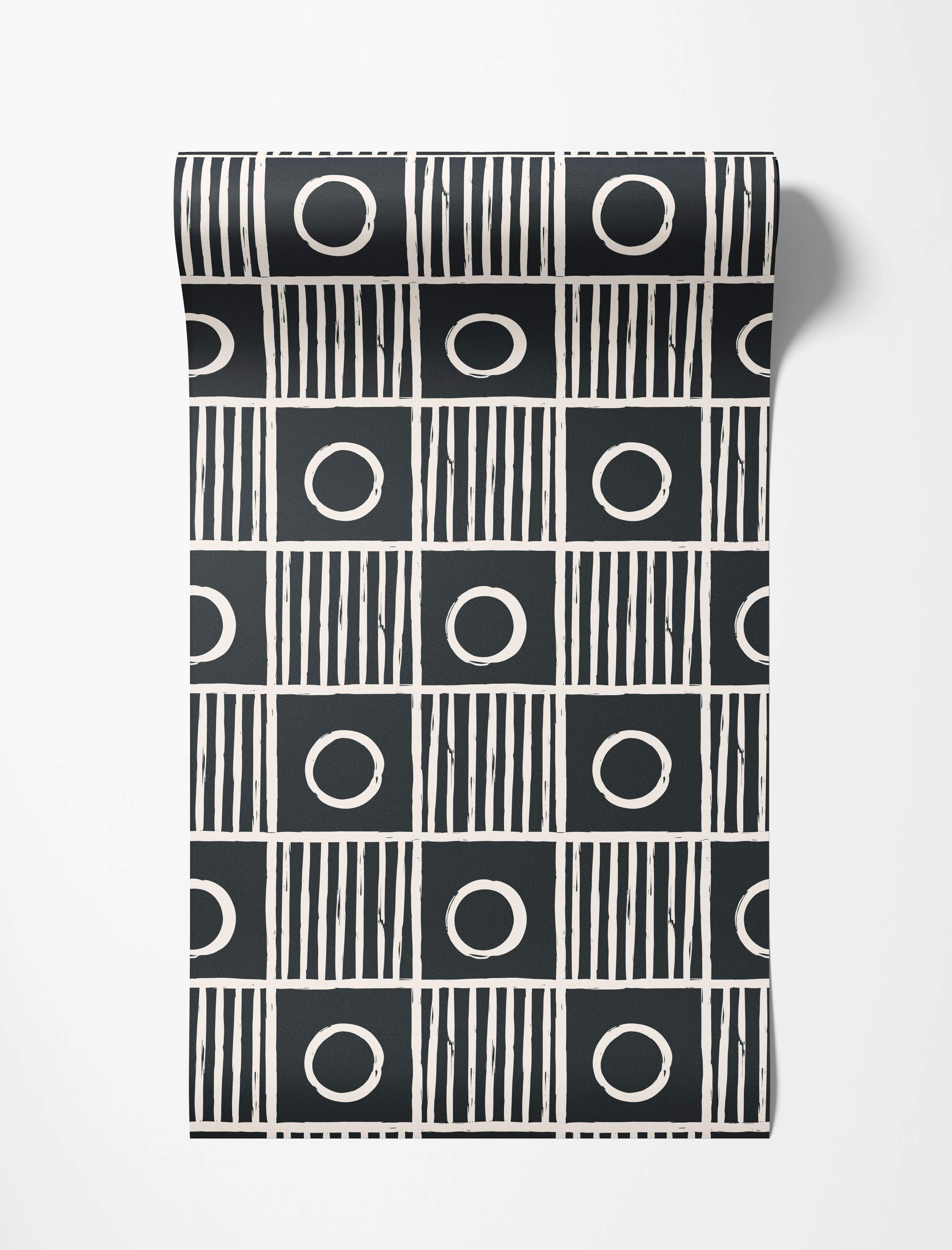 Geometric wallpaper featuring a black grid with alternating squares of off-white vertical stripes and central off-white circles.