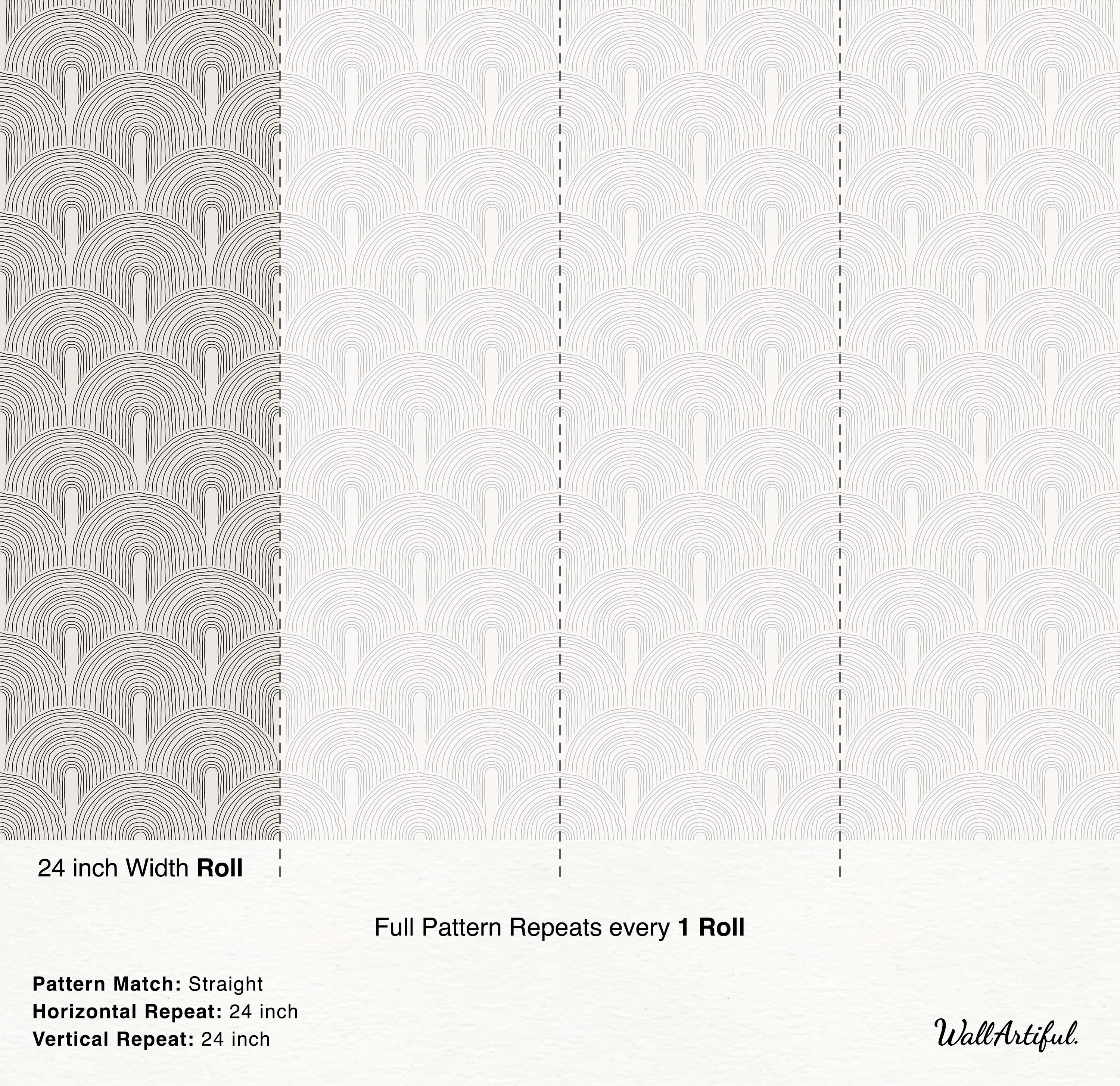 Wallpaper featuring a pattern of stacked, hand-drawn arches in shades of grey on a neutral background.