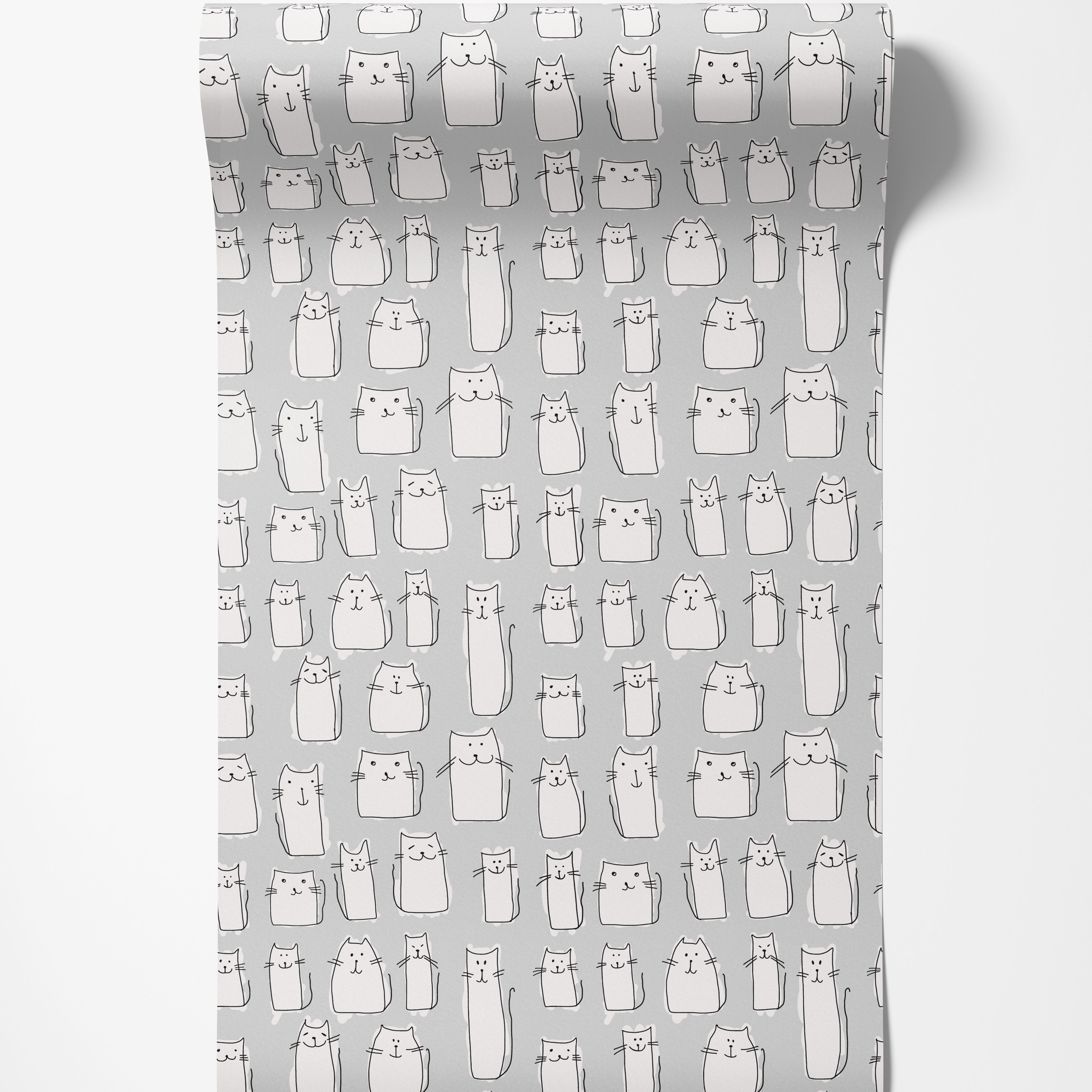 A whimsical wallpaper featuring a pattern of hand-drawn, stylized white cats with black outlines on a light gray background.
