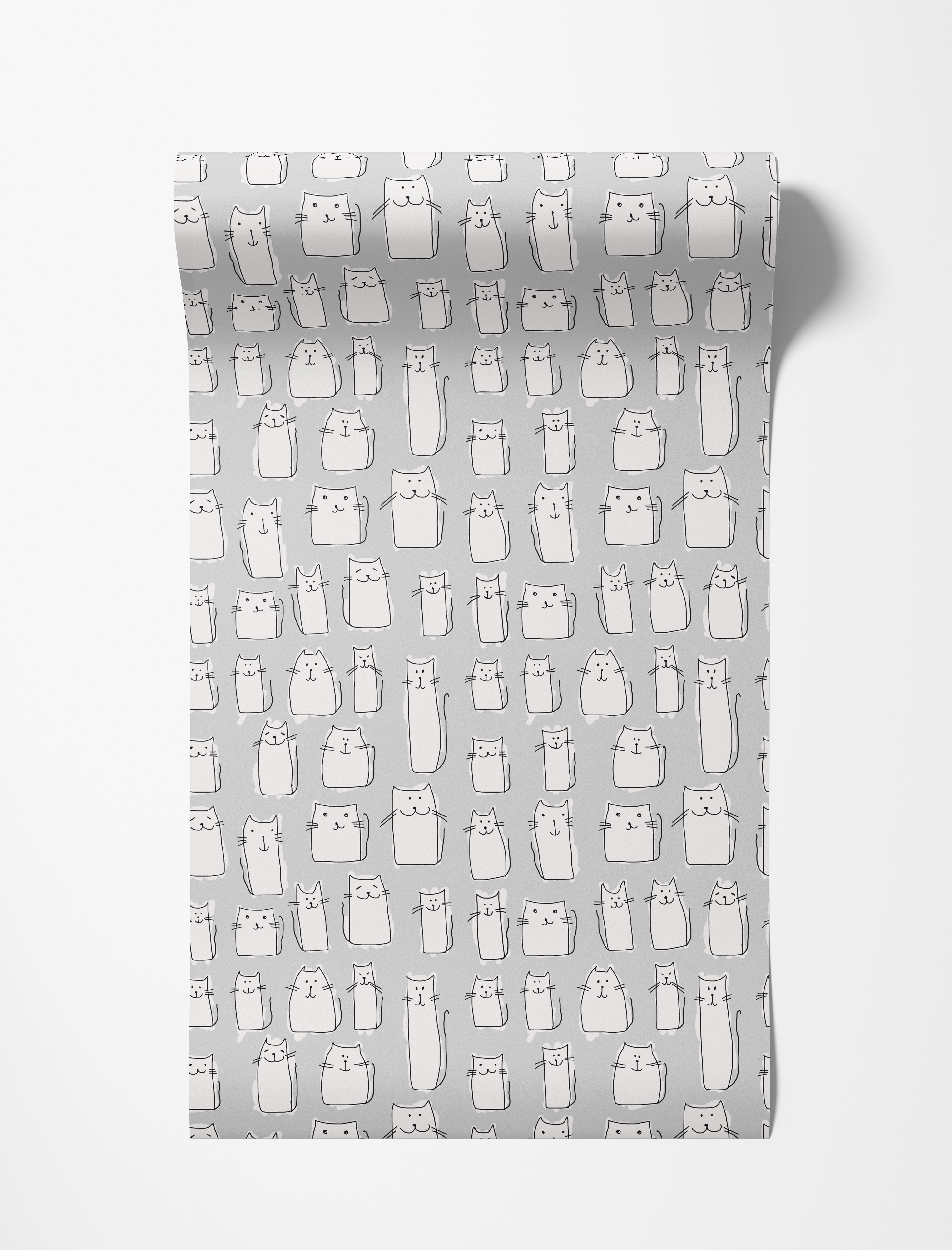 A whimsical wallpaper featuring a pattern of hand-drawn, stylized white cats with black outlines on a light gray background.
