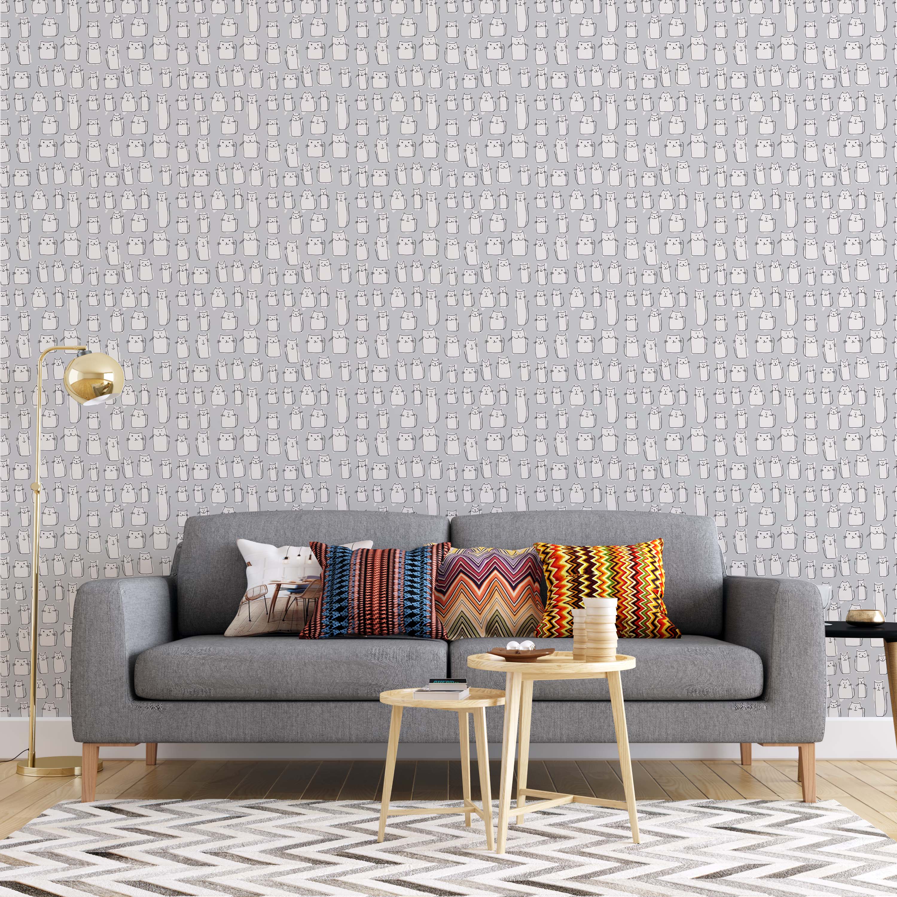 A playful wallpaper featuring a repeating pattern of simple, hand-drawn white cats with black outlines on a gray background.