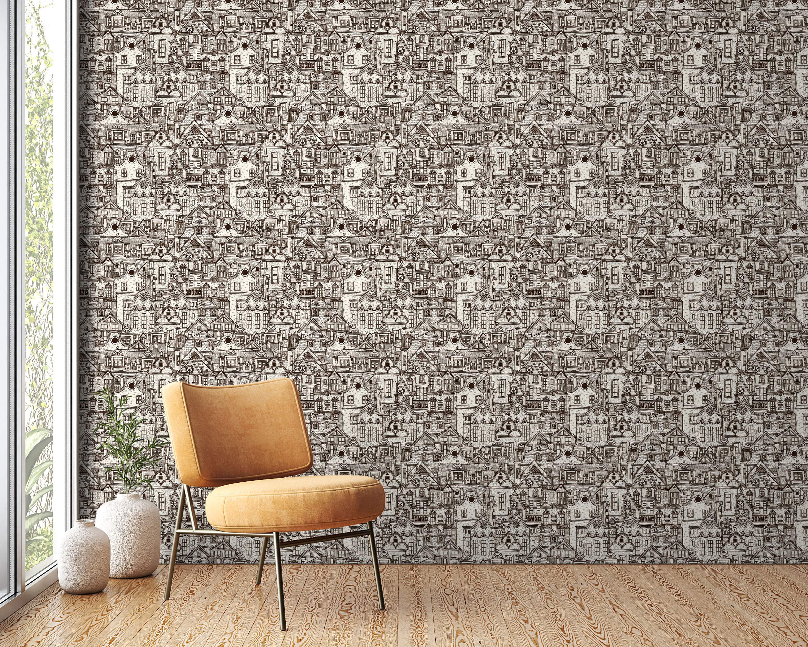 Wallpaper featuring a dense, hand-drawn pattern of brown illustrated houses on a light beige background.