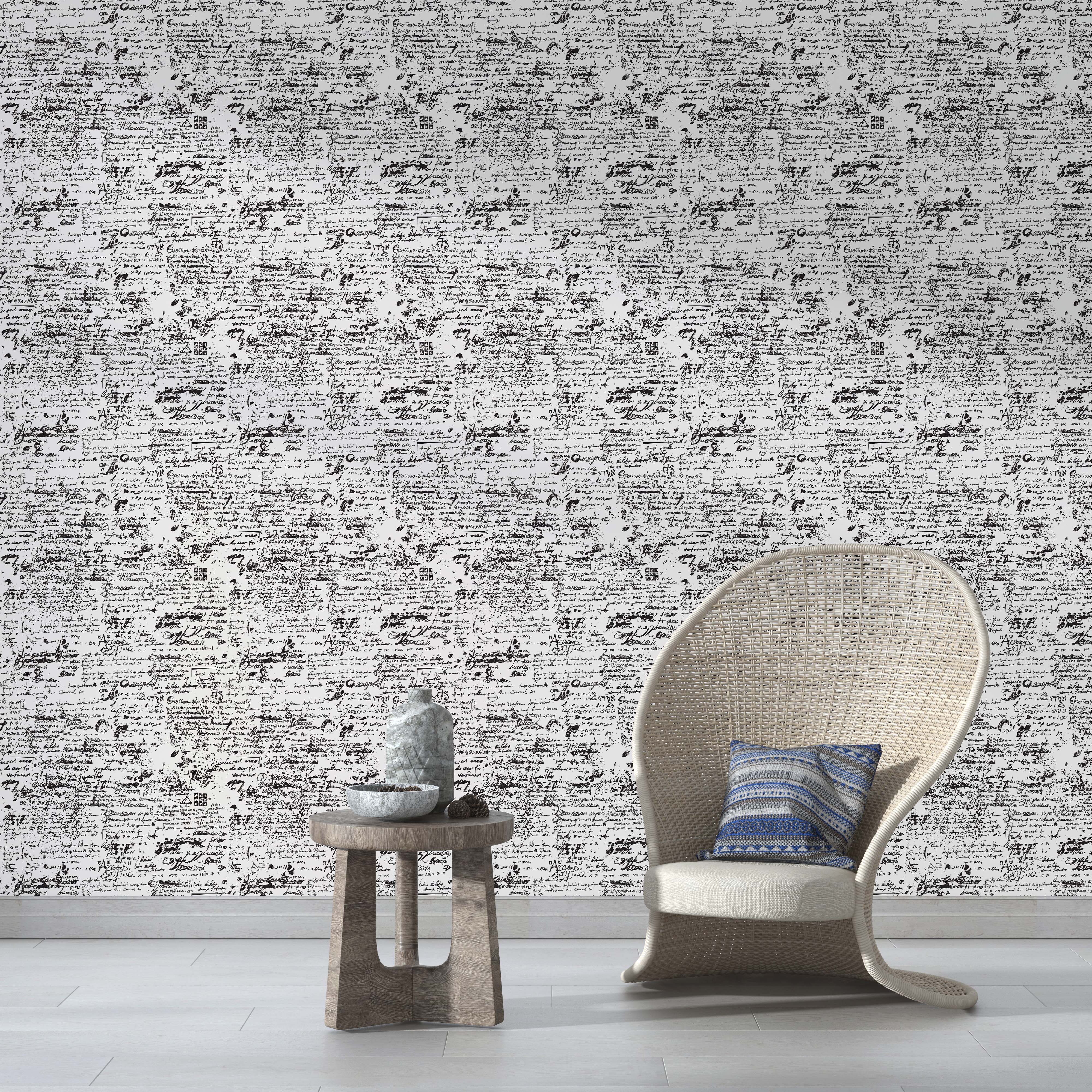 Black and white wallpaper featuring a repeating pattern of dense, historical handwritten script and ink splotches.