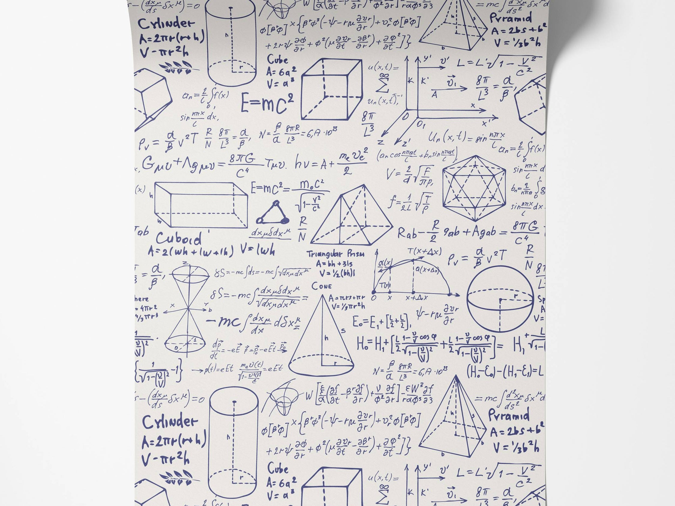 Blue handwritten mathematical equations and geometric shapes create a repeating pattern on this white wallpaper.