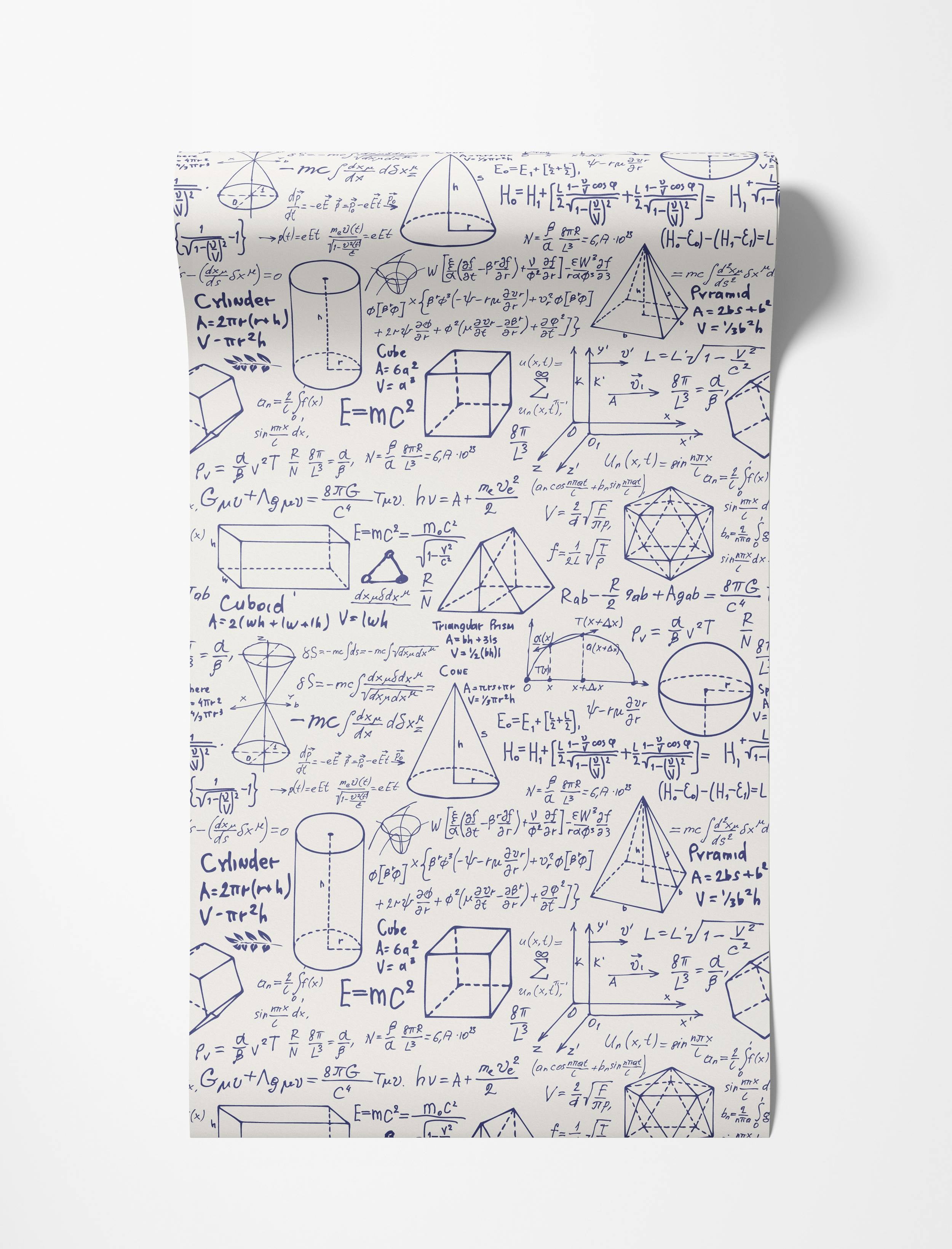 Blue handwritten mathematical equations and geometric shapes create a repeating pattern on this white wallpaper.