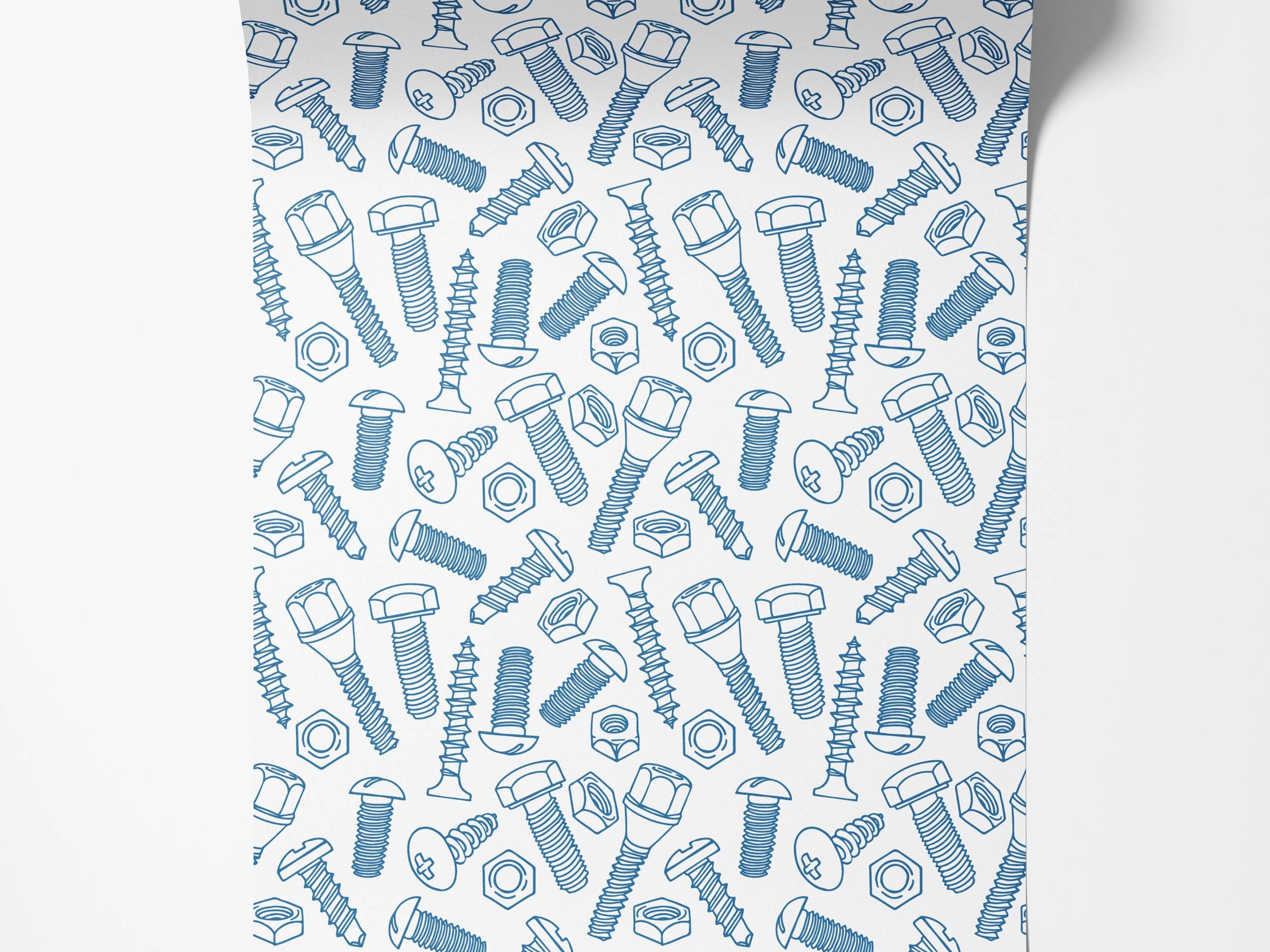 Wallpaper with a scattered pattern of blue outline drawings of various nuts, bolts, and screws on a white background.