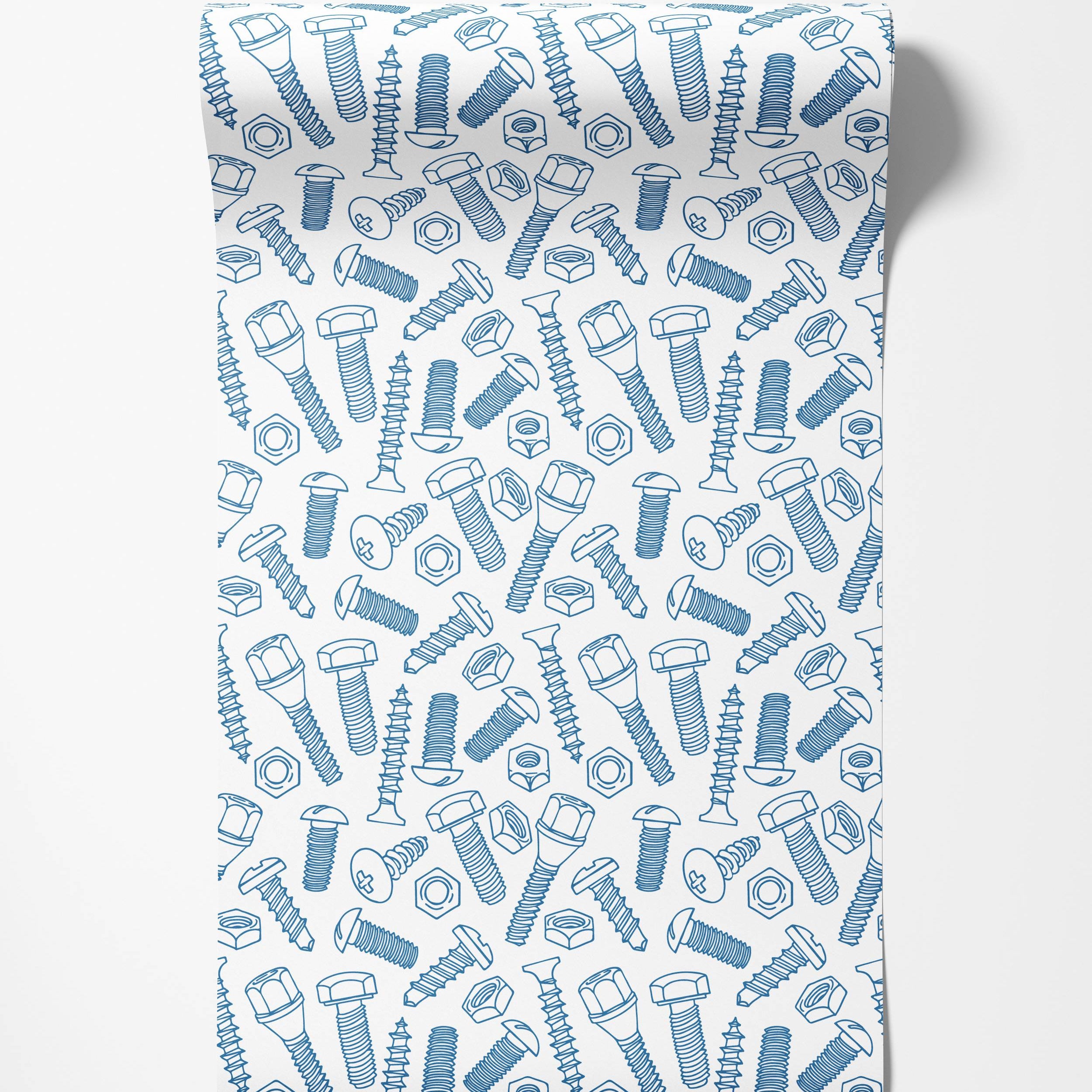 Wallpaper with a scattered pattern of blue outline drawings of various nuts, bolts, and screws on a white background.