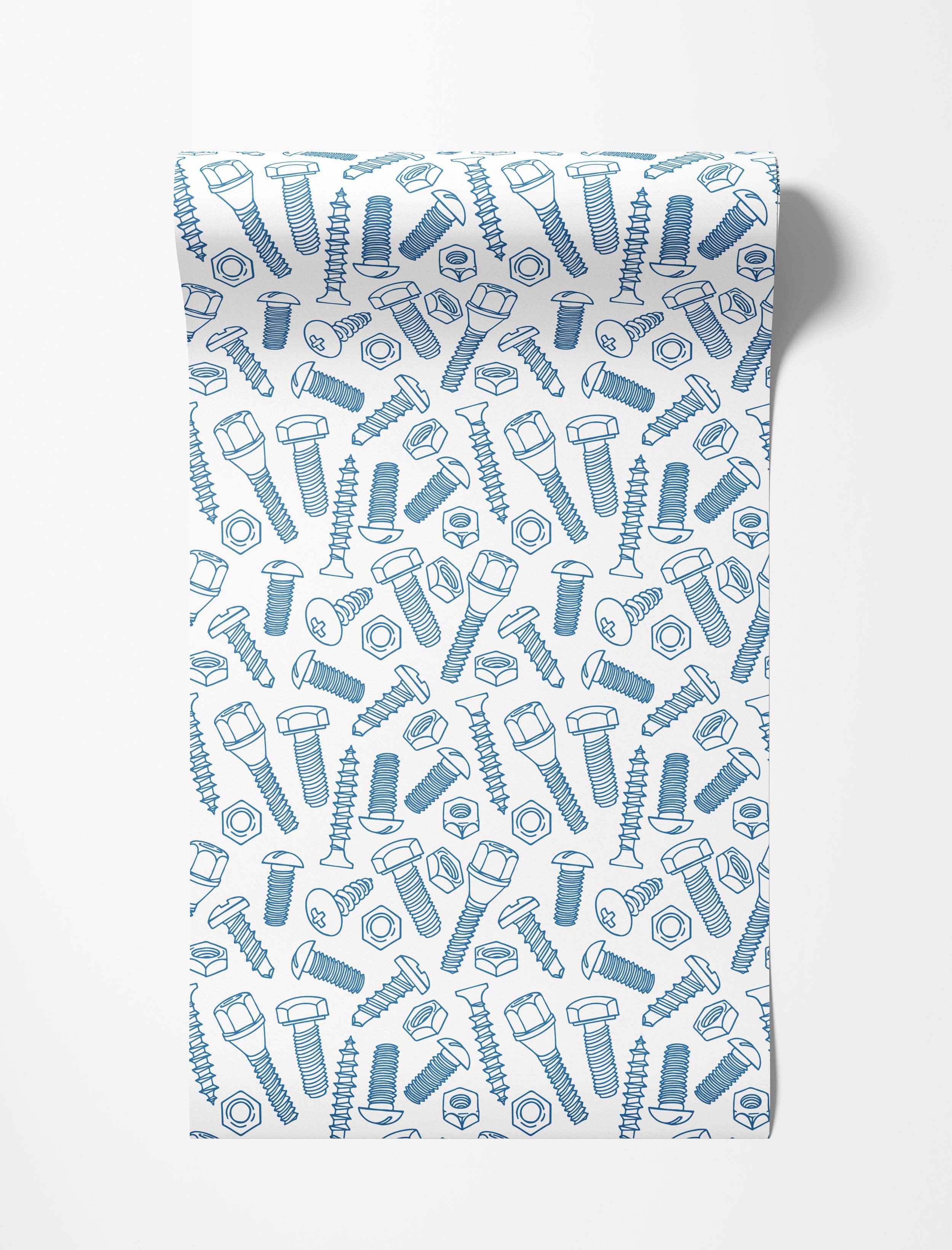 Wallpaper with a scattered pattern of blue outline drawings of various nuts, bolts, and screws on a white background.