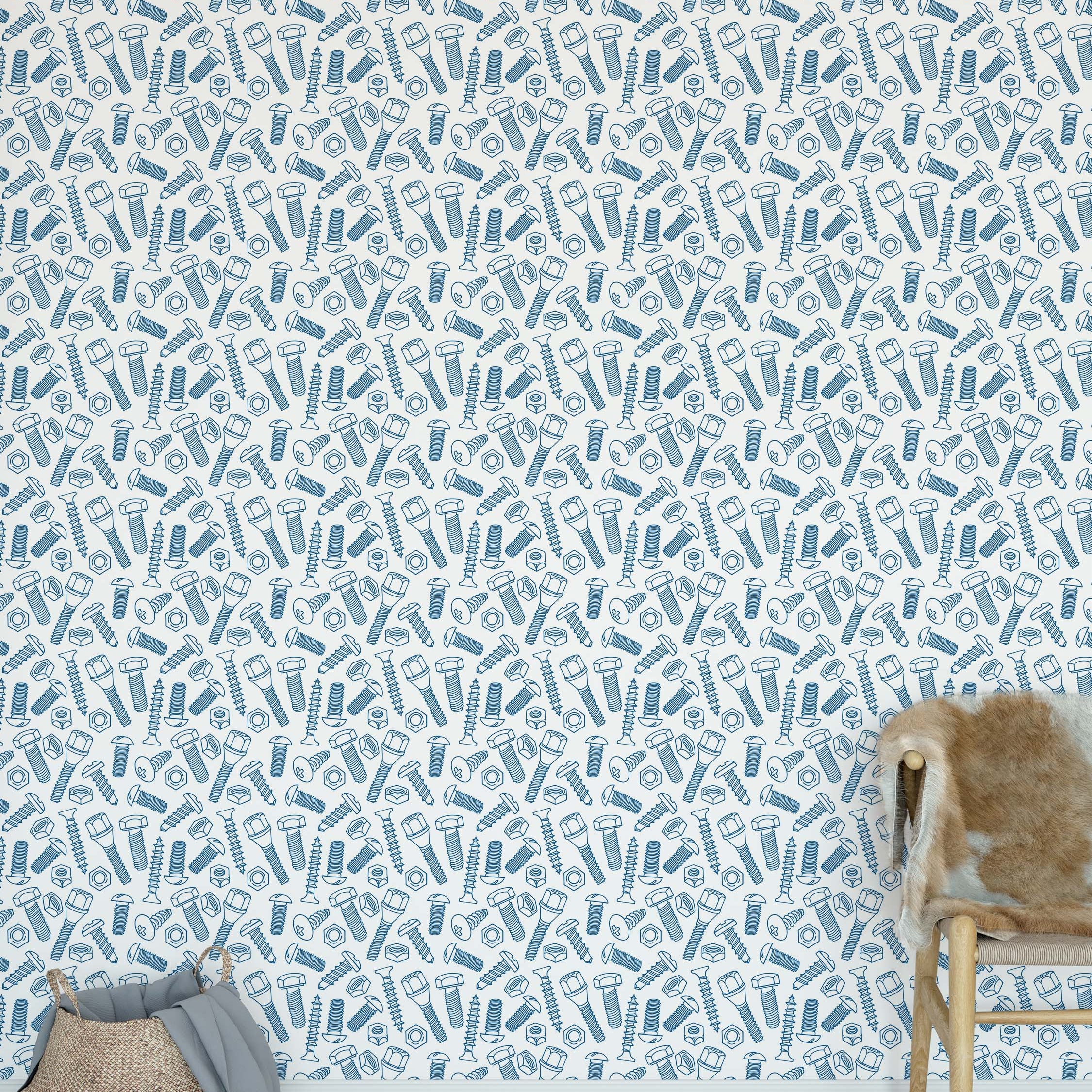 Wallpaper featuring a scattered, repeating pattern of blue line-drawn screws, bolts, and nuts on a white background.
