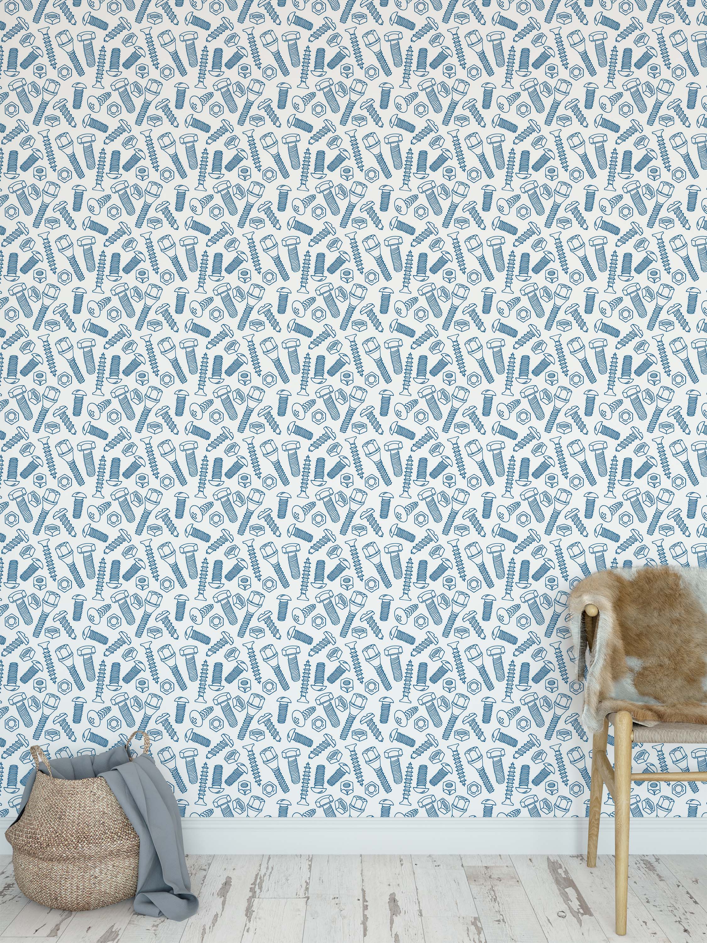 Wallpaper featuring a scattered, repeating pattern of blue line-drawn screws, bolts, and nuts on a white background.