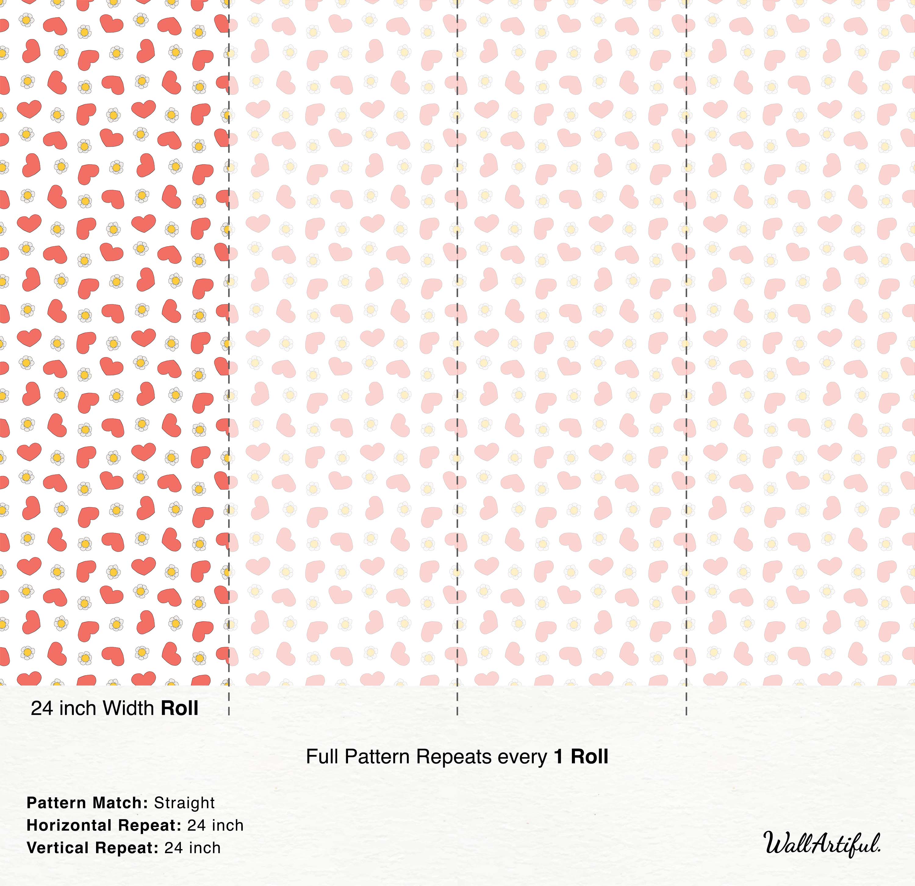 A cute wallpaper with a grid pattern of alternating stylized hearts and small white flowers with yellow centers on a white field.