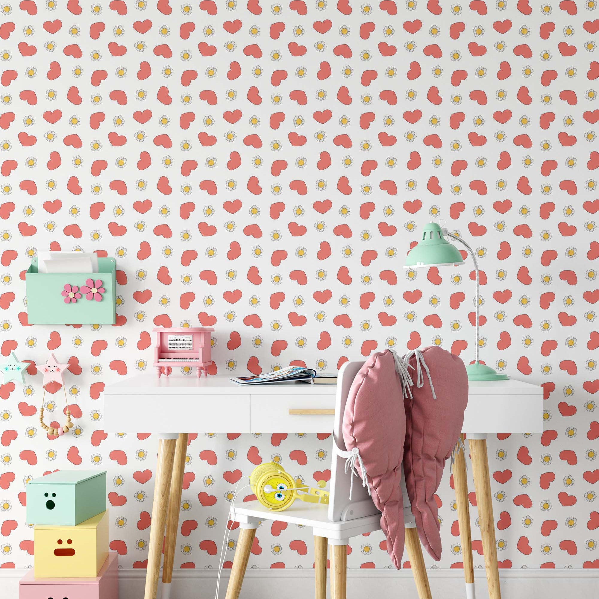 Cute wallpaper with a repeating pattern of pink hearts and simple flowers with white petals and yellow centers.