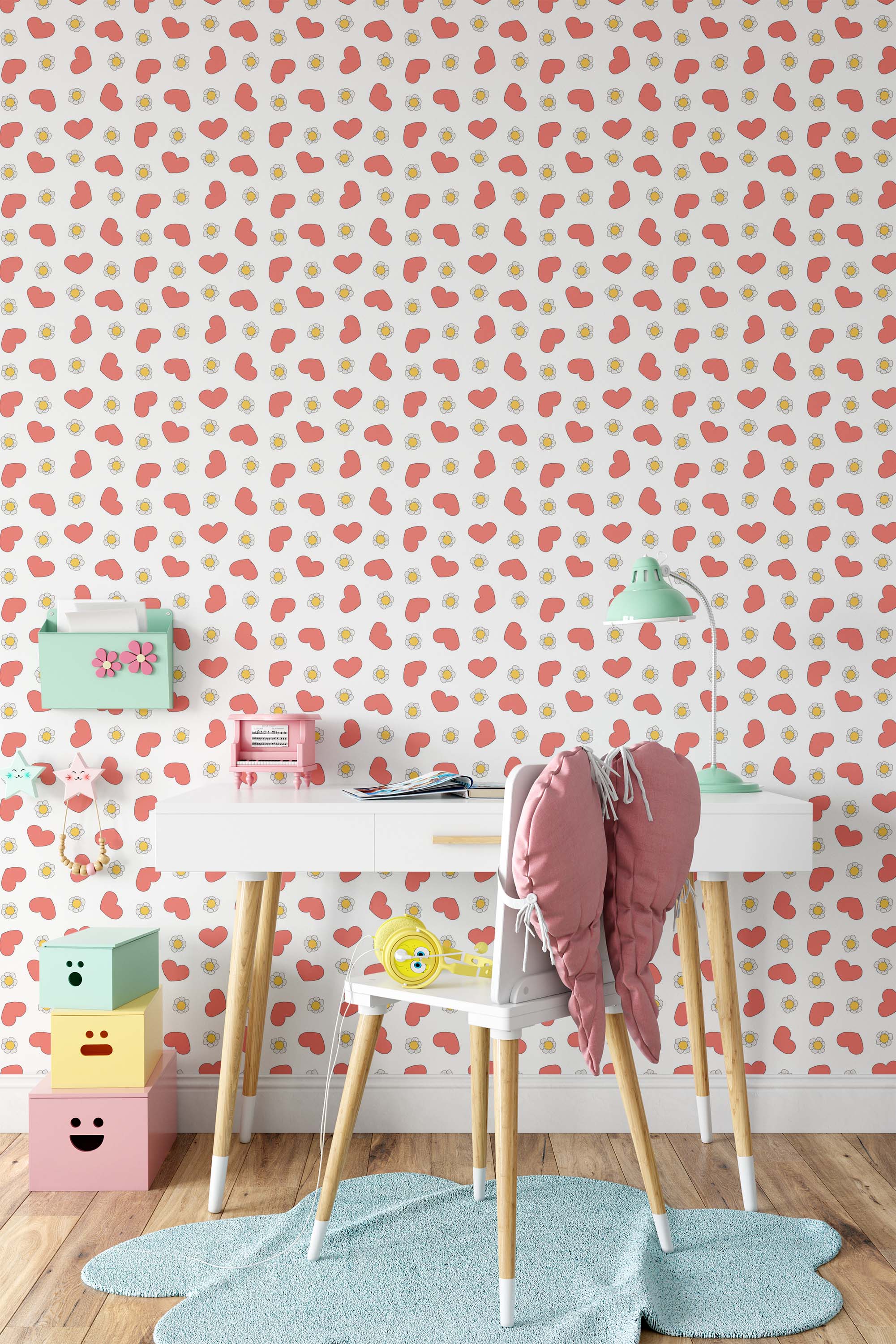 Cute wallpaper with a repeating pattern of pink hearts and simple flowers with white petals and yellow centers.