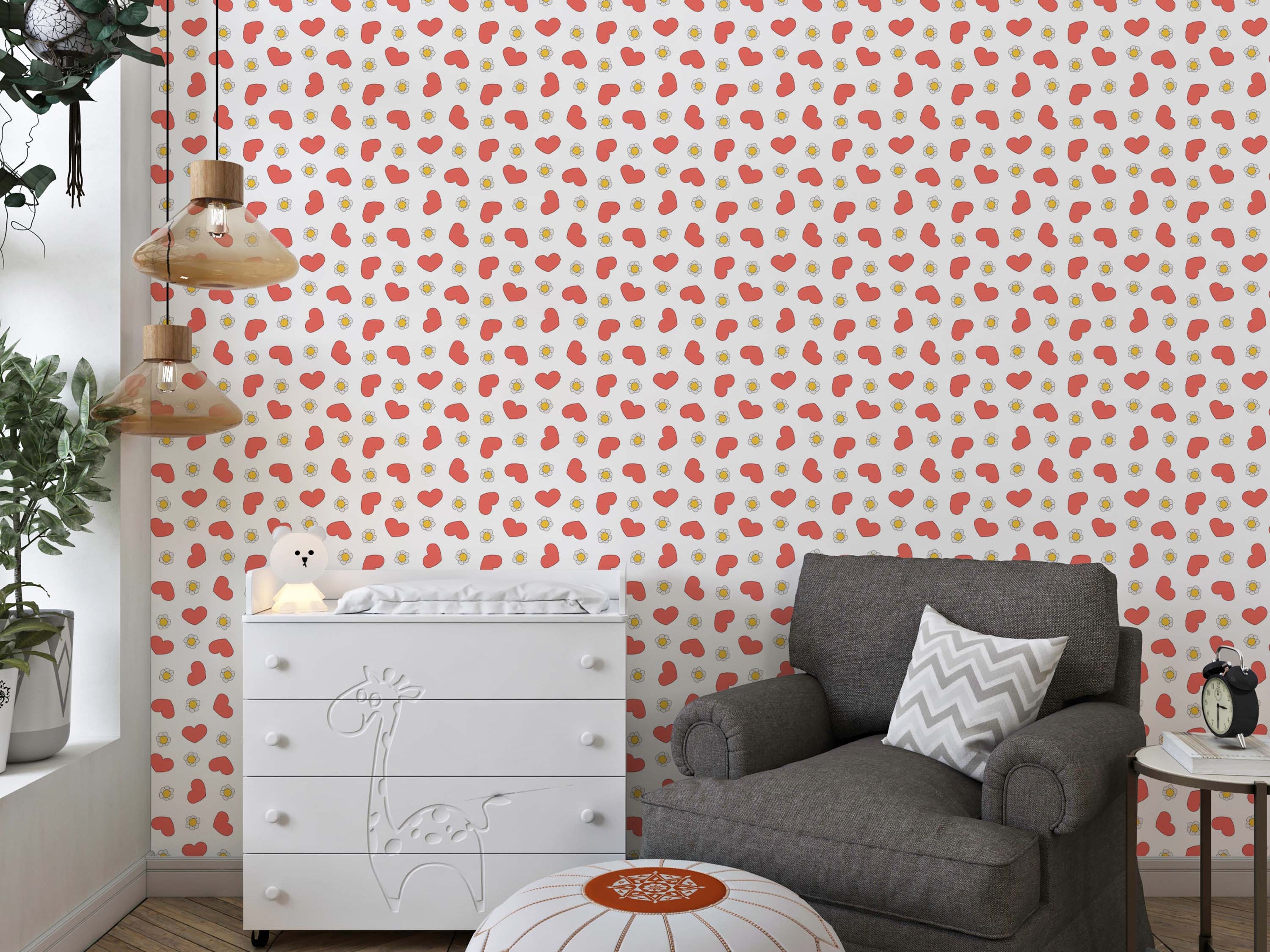 A cute wallpaper with a pattern of red hearts and small white and yellow daisies scattered on a light background.