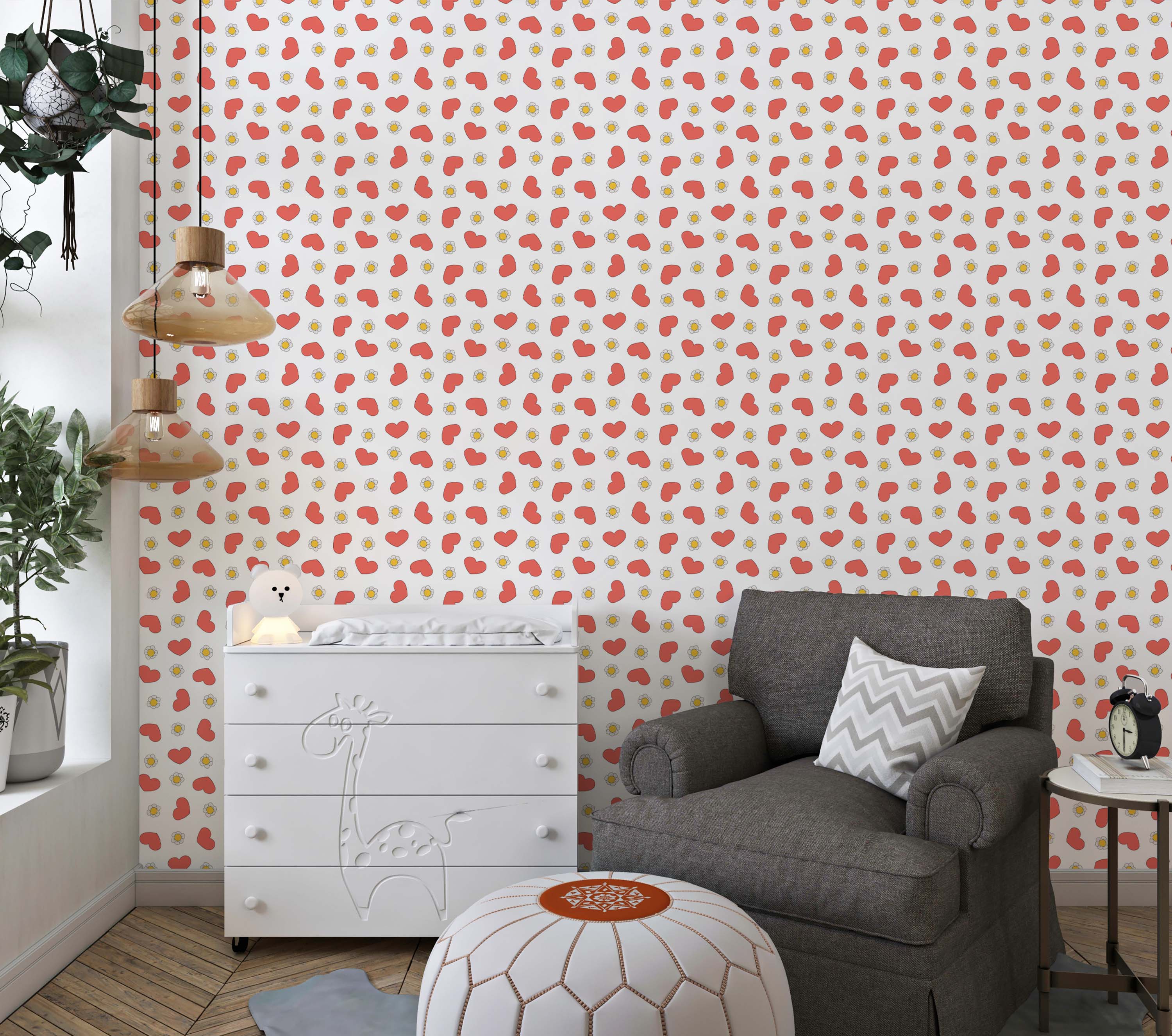 A cute wallpaper with a pattern of red hearts and small white and yellow daisies scattered on a light background.
