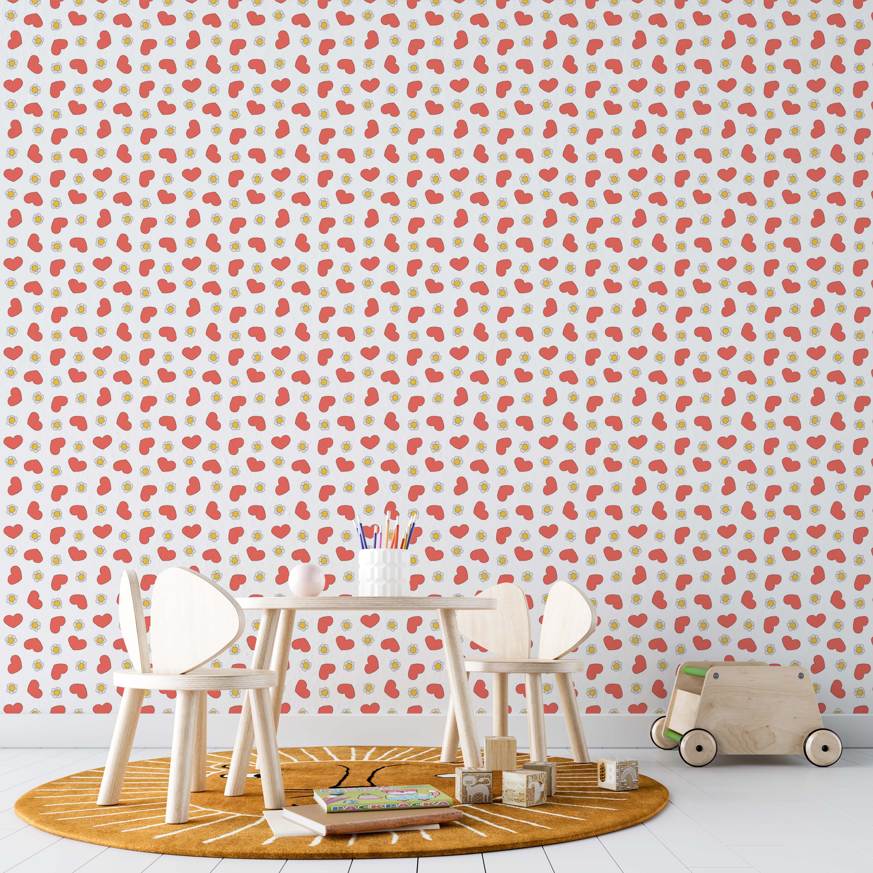 A playful wallpaper with a repeating pattern of red hearts and small white and yellow flowers on a white background.