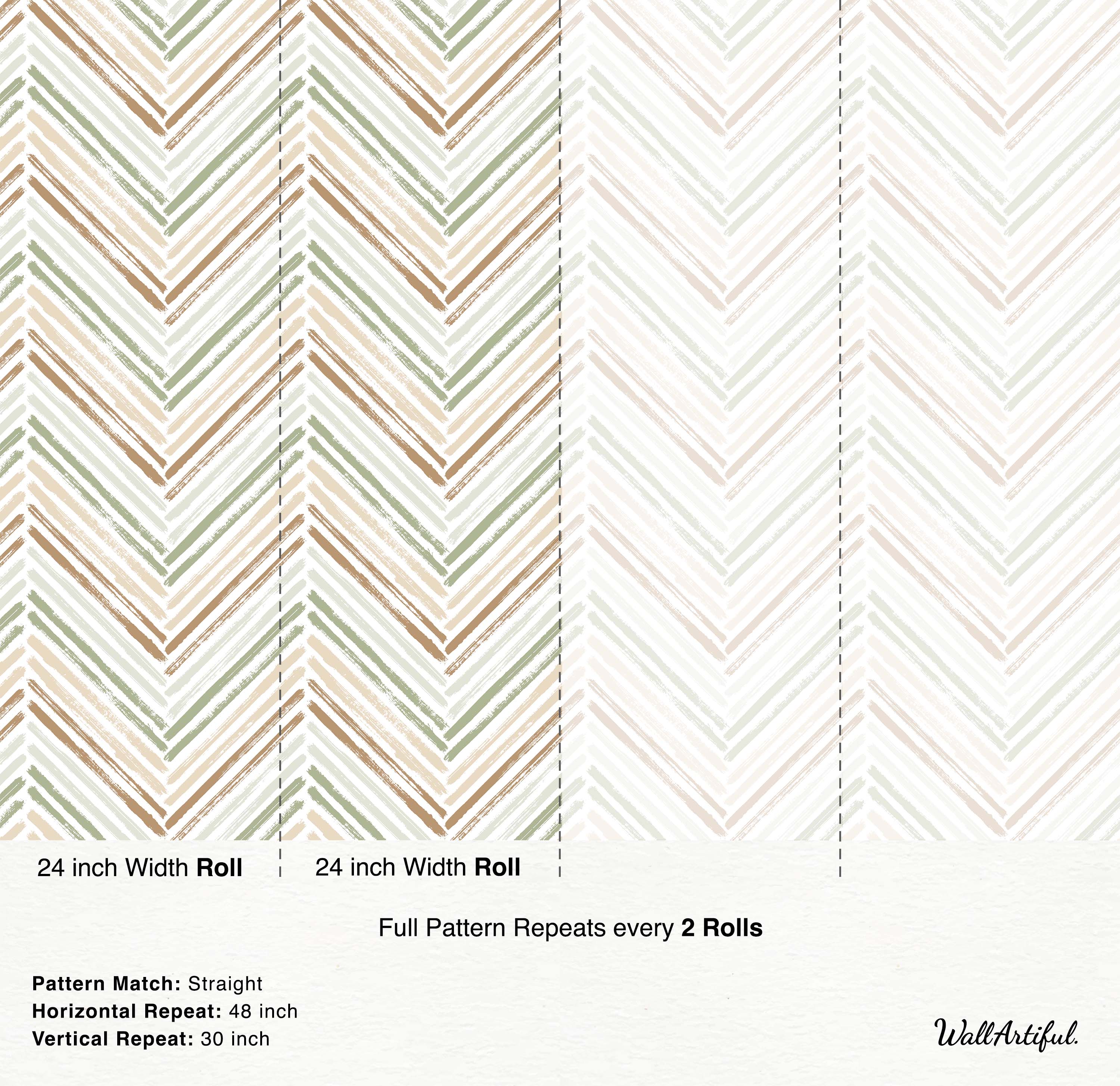 Wallpaper features a painterly herringbone pattern with rough brush strokes in sage green, tan brown, and light beige.