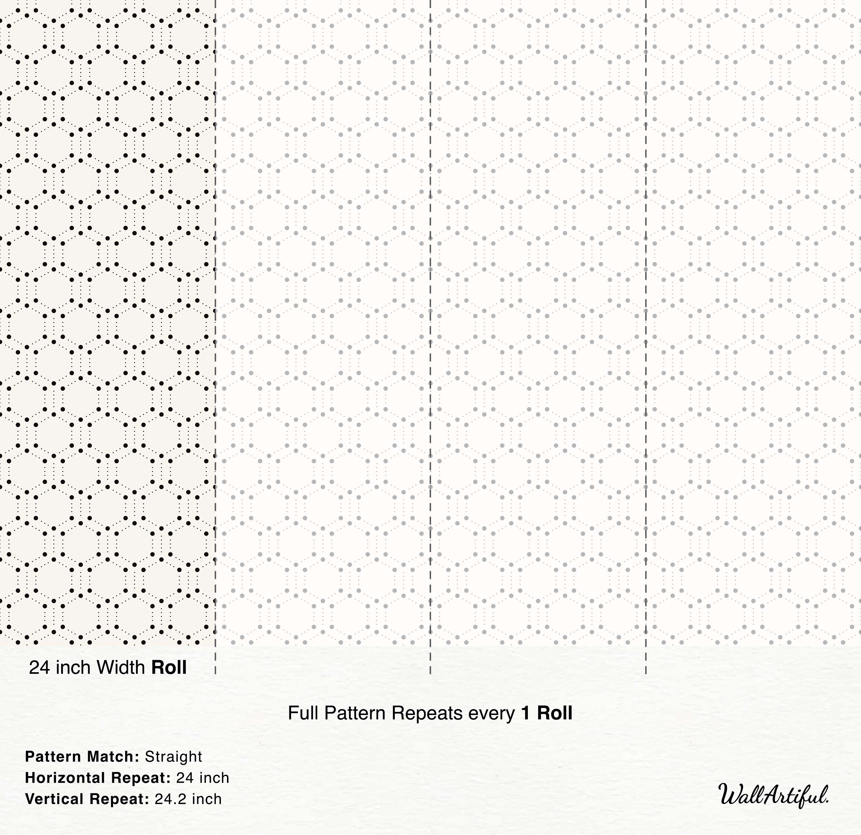 Off-white wallpaper featuring a geometric pattern of interconnected hexagons outlined with black dots.