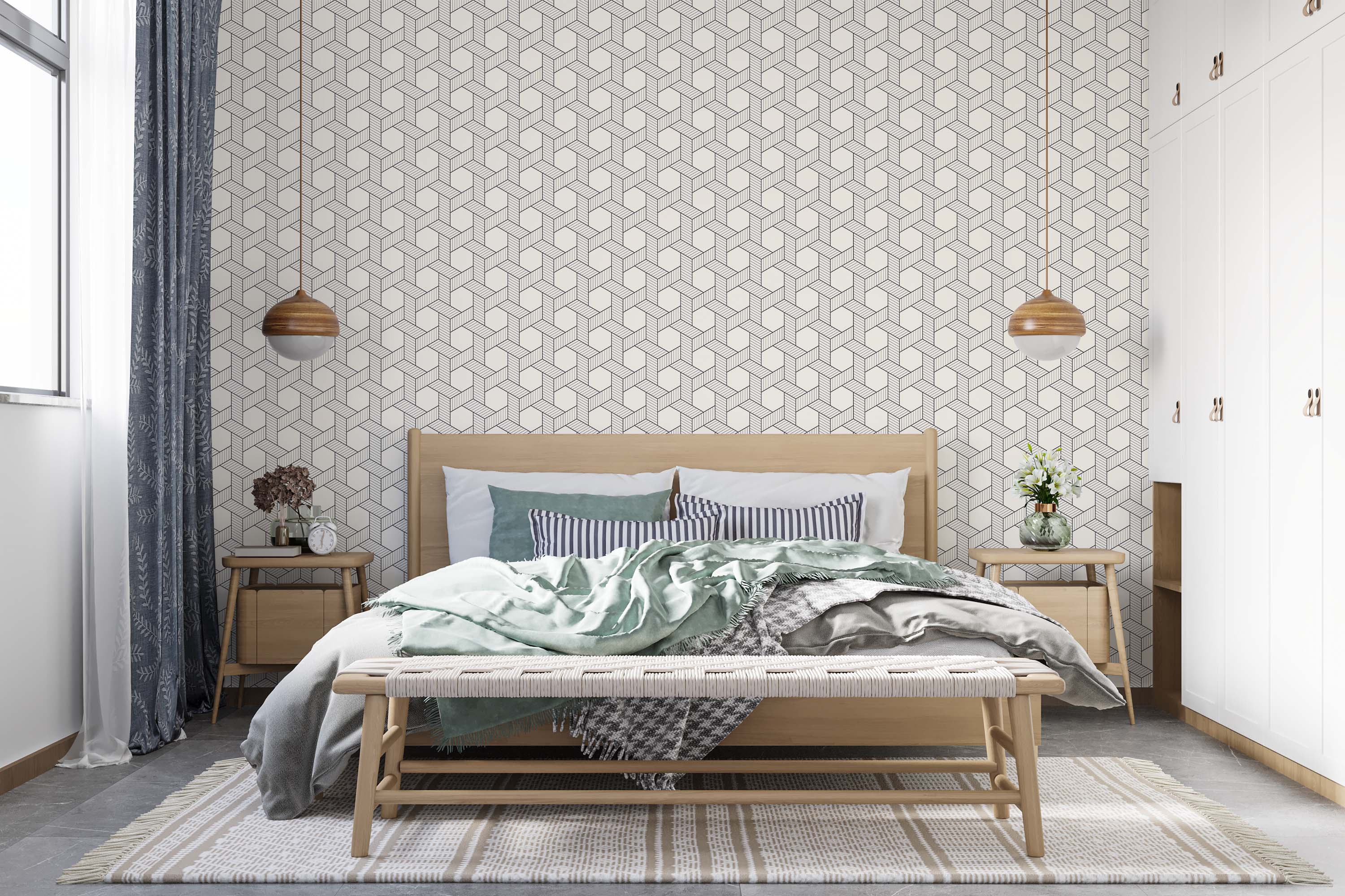 Geometric wallpaper with black lines forming an interlocking 3D cube pattern with linear details on an off-white background.