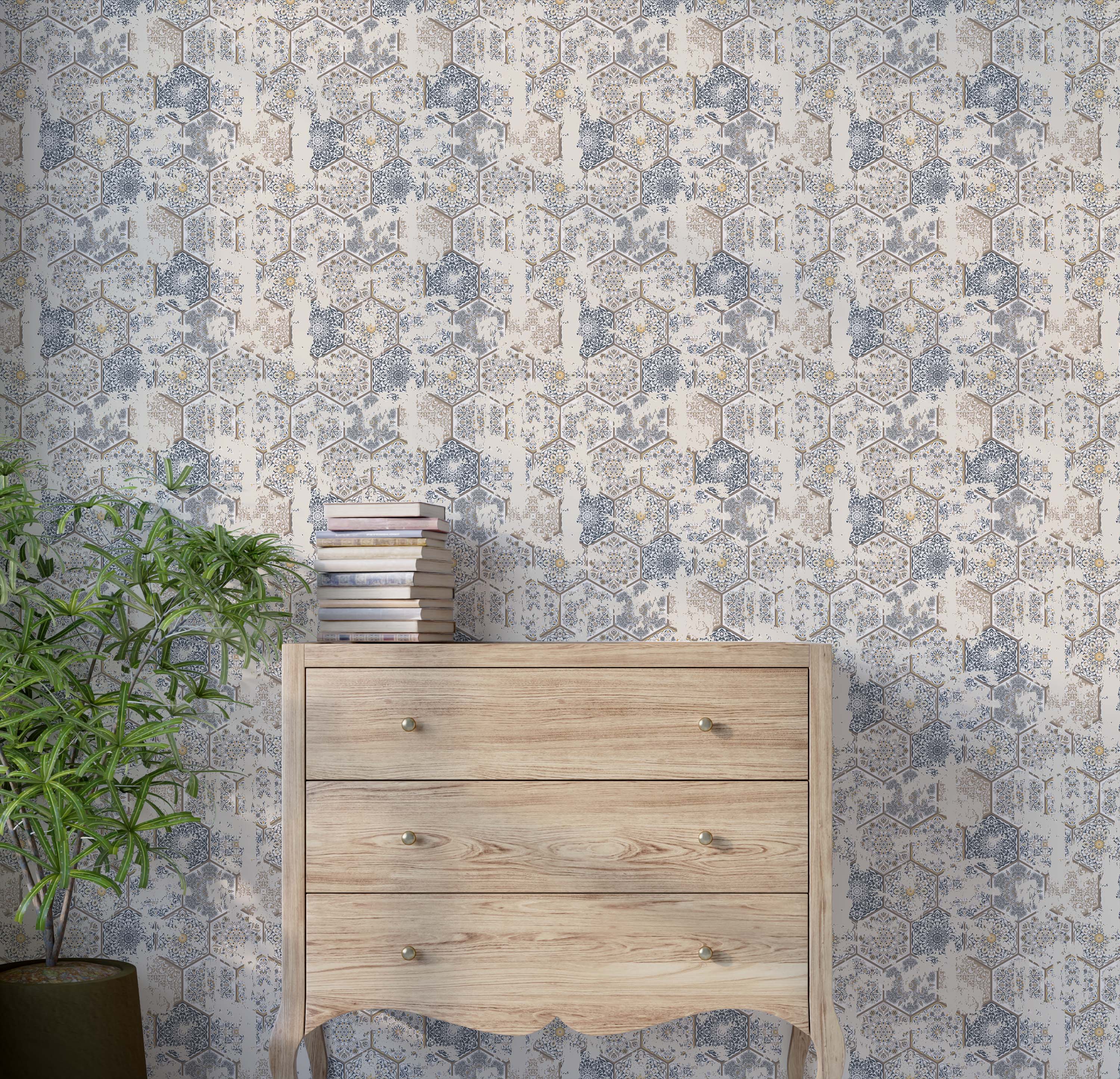Wallpaper with a distressed finish, featuring hexagonal tiles with intricate ornamental patterns in blue, beige, and yellow.