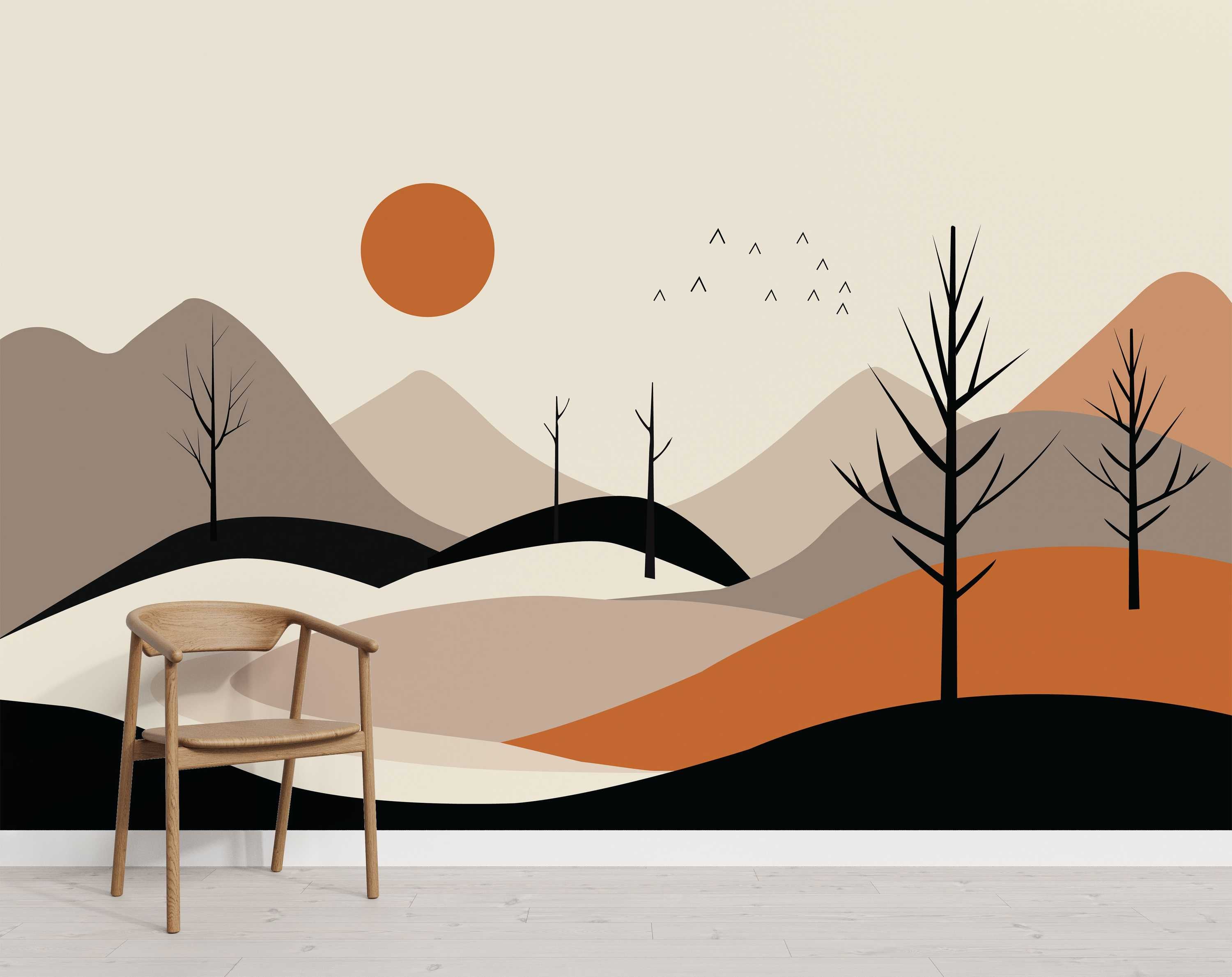 Abstract landscape mural featuring rolling hills in beige, brown, and orange tones, with black trees, an orange sun, and birds.