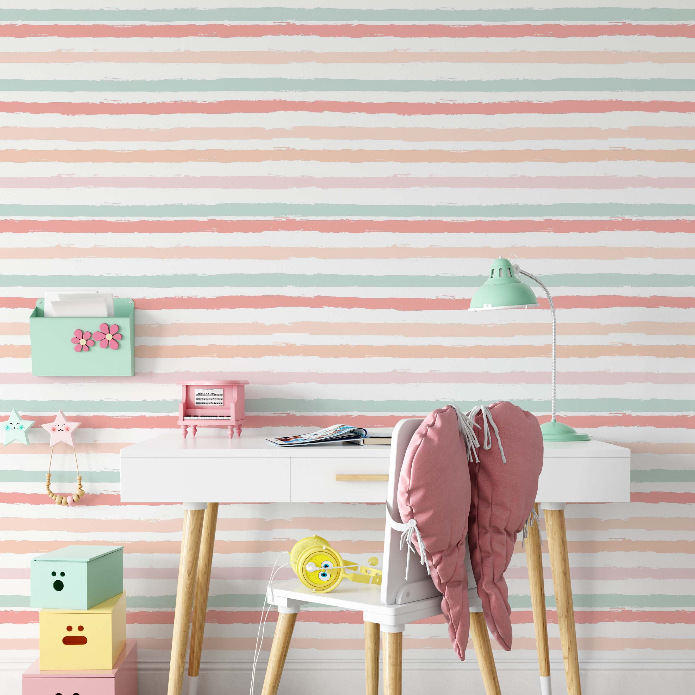 Wallpaper with horizontal brushstroke stripes in pastel pink, mint green, peach, and light pink on a white background.