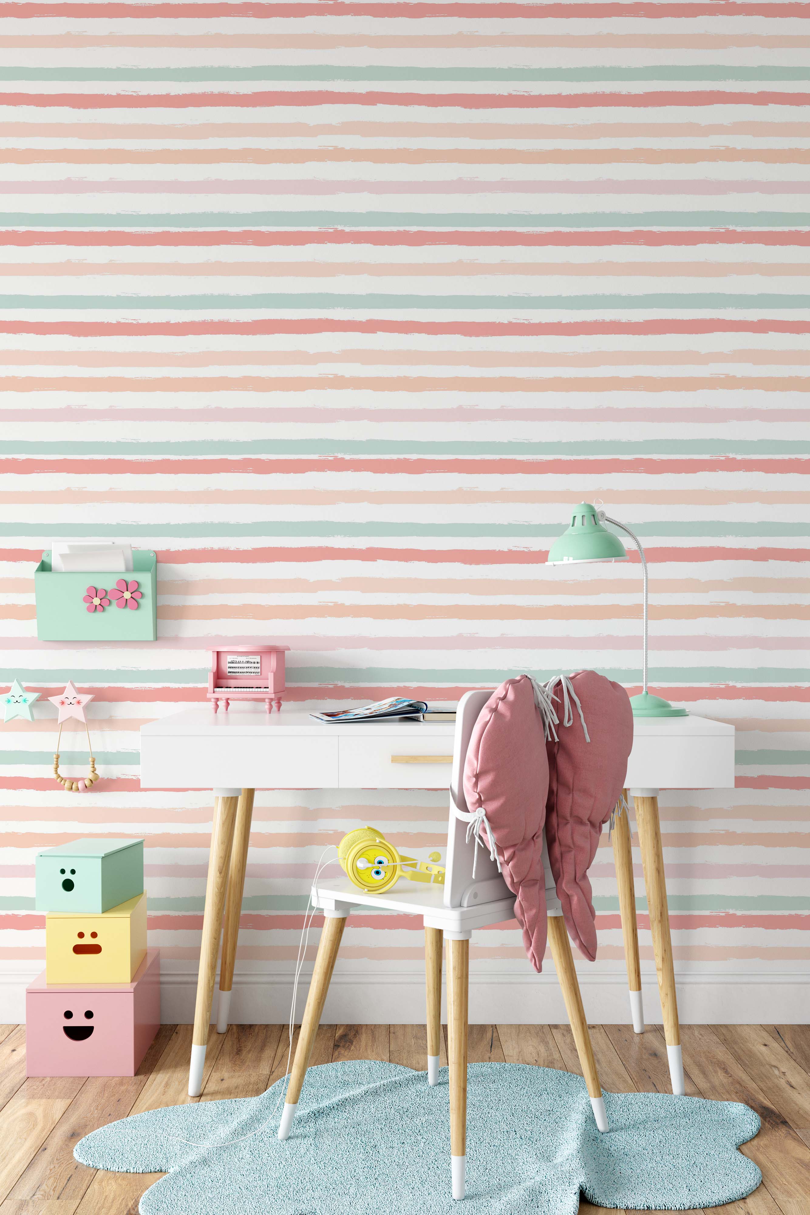 Wallpaper with horizontal brushstroke stripes in pastel pink, mint green, peach, and light pink on a white background.