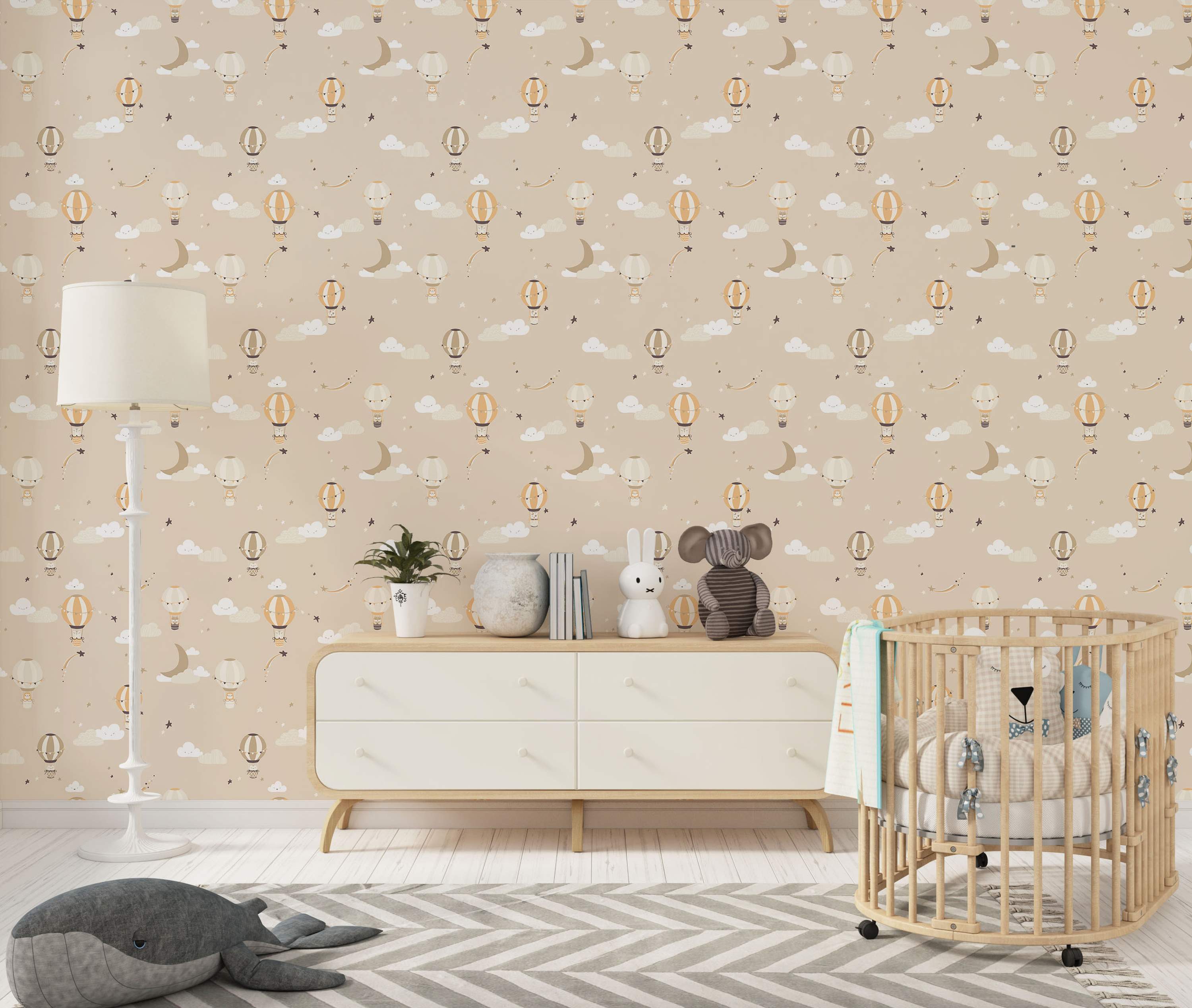 Whimsical wallpaper featuring cute animals in hot air balloons, clouds, stars, and moons on a beige background.
