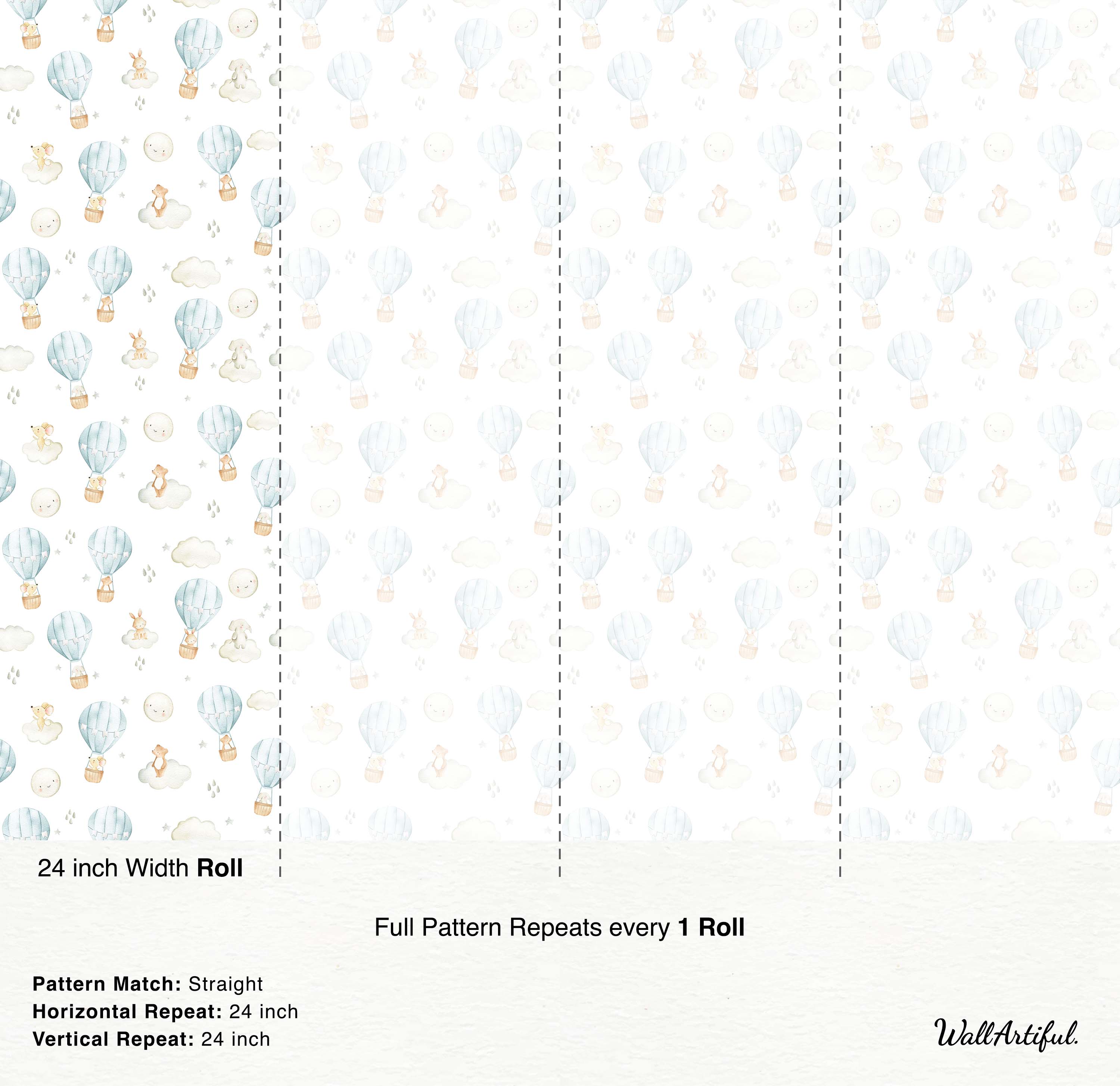 Watercolor wallpaper featuring cute animals in light blue hot air balloons and on clouds, with stars and beige details.