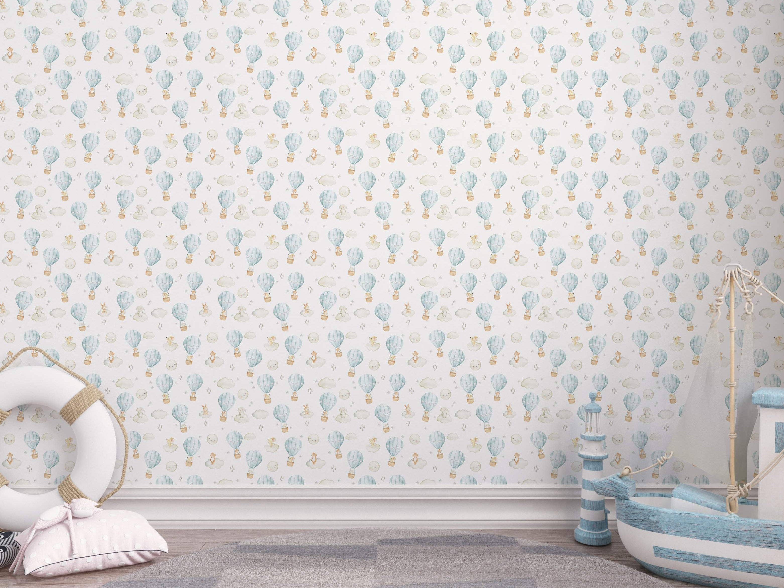 Watercolor wallpaper featuring cute animals in light blue hot air balloons, clouds, and smiling moons on a white background.