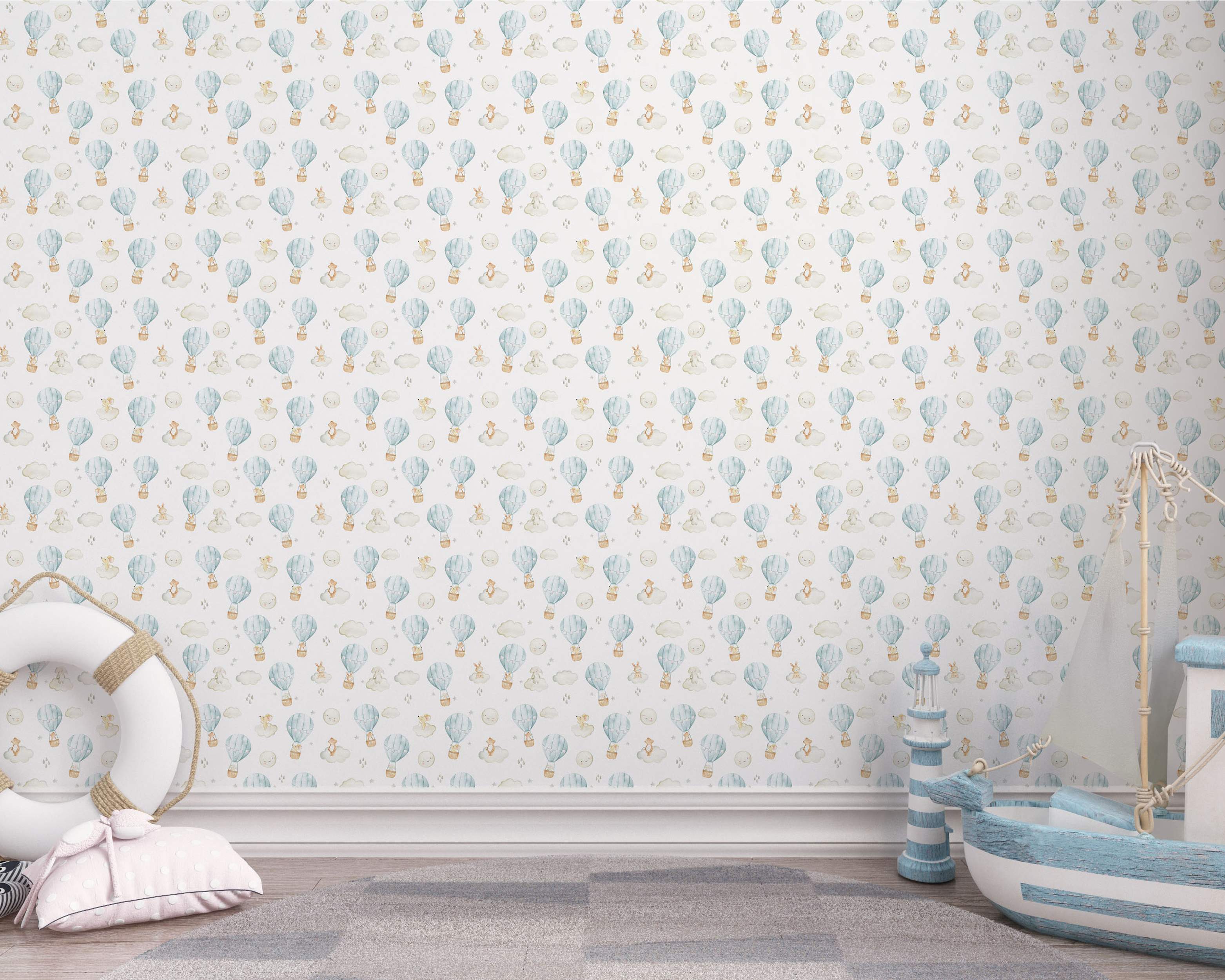 Watercolor wallpaper featuring cute animals in light blue hot air balloons, clouds, and smiling moons on a white background.