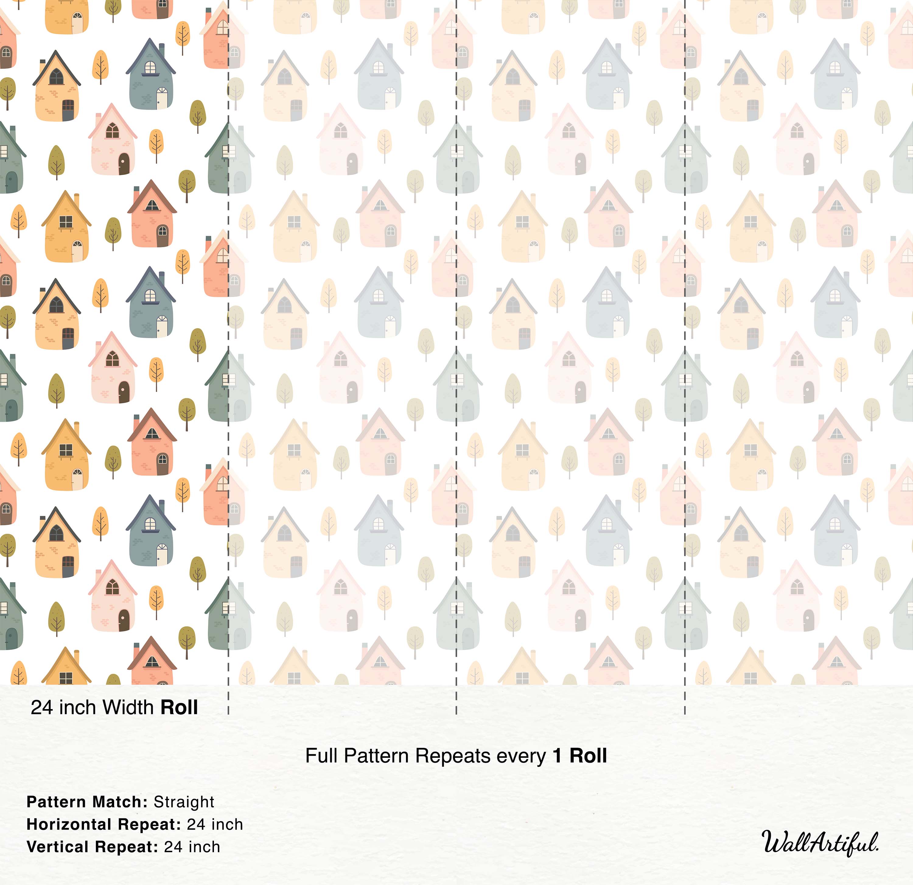 Whimsical wallpaper featuring a pattern of hand-drawn houses and trees in yellow, pink, blue, green, and beige on white.