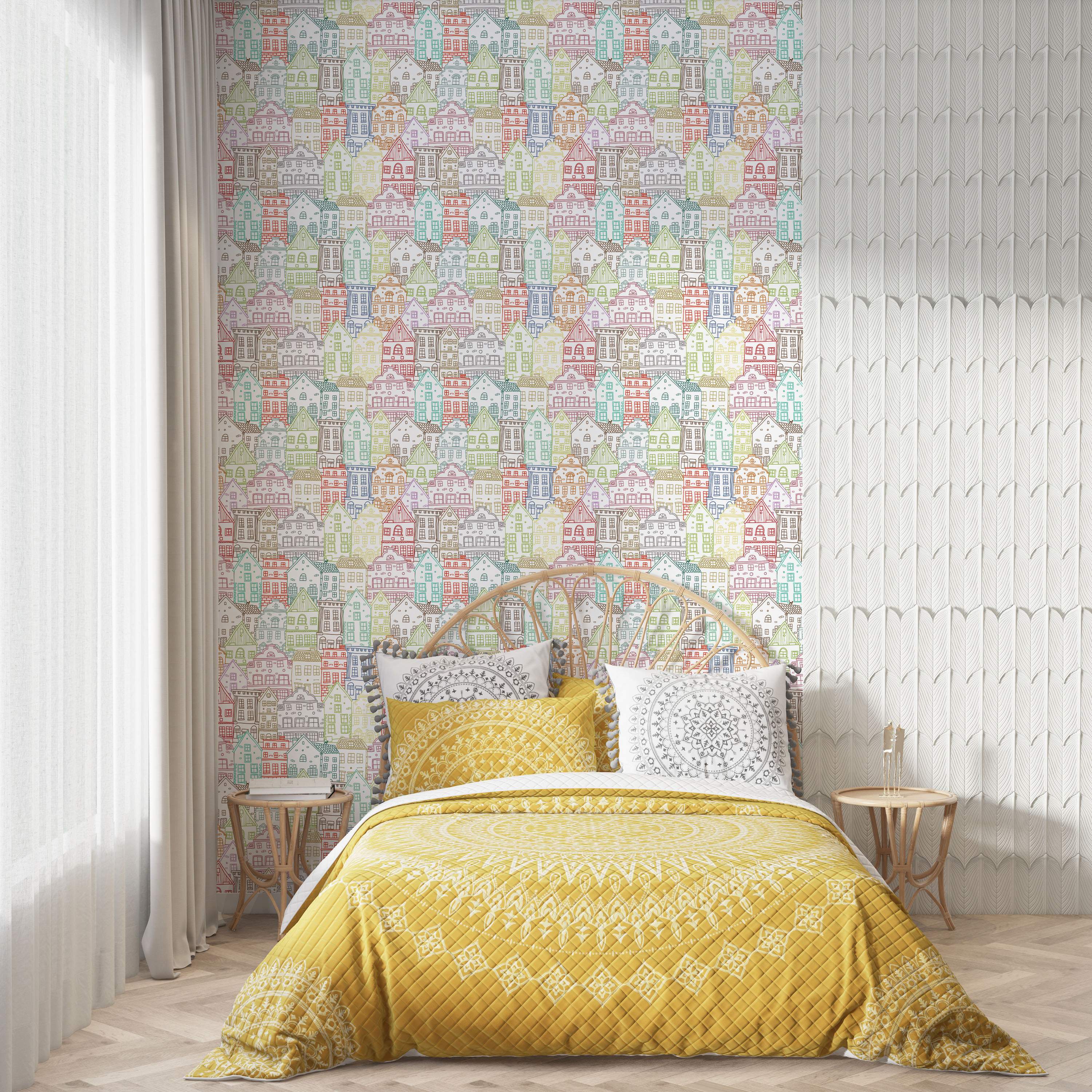 Wallpaper showing rows of whimsical, multicolored outlined houses in red, blue, green, yellow, and pink on a white background.