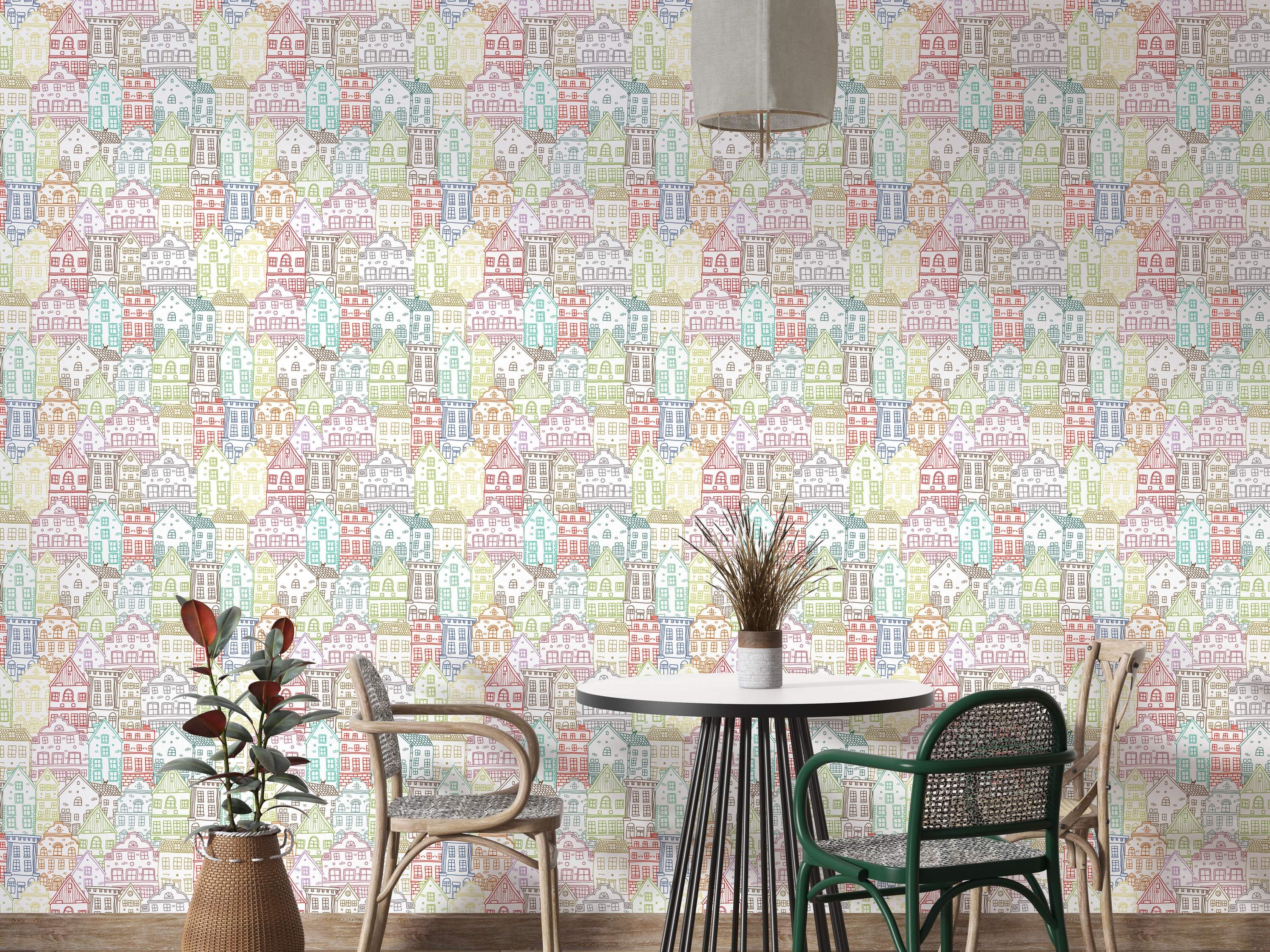 Whimsical wallpaper featuring a dense pattern of hand-drawn houses outlined in dark lines and colored in pastel shades.
