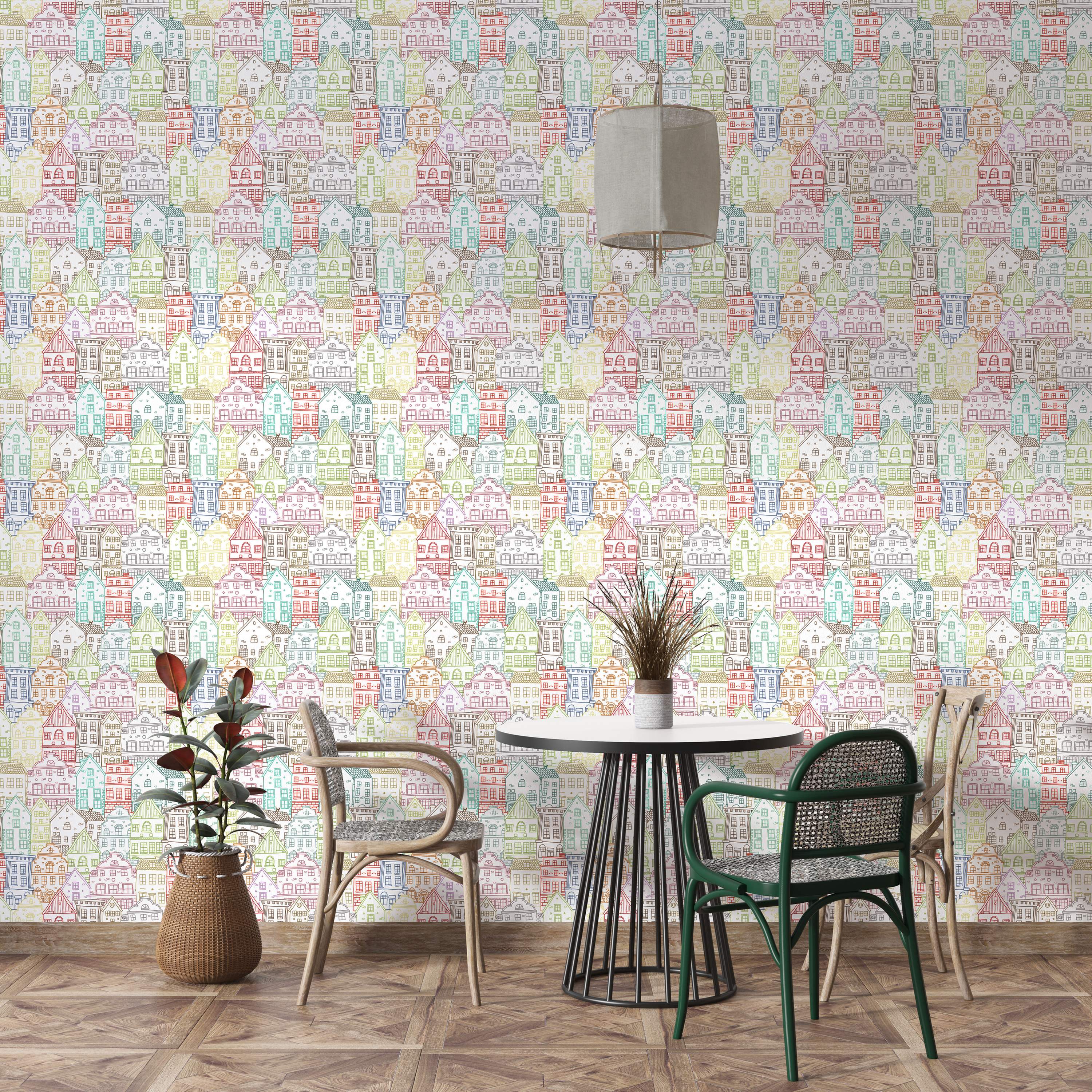 Whimsical wallpaper featuring a dense pattern of hand-drawn houses outlined in dark lines and colored in pastel shades.
