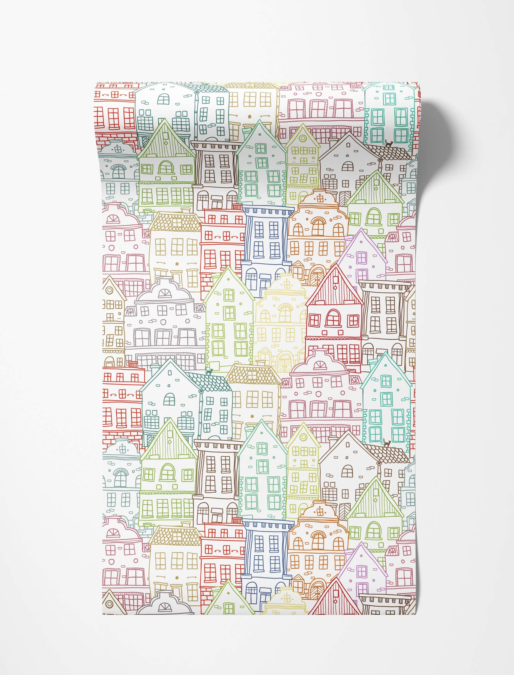 Hand-drawn outline illustration of colorful townhouses in red, green, blue, yellow, brown, and purple on white wallpaper.