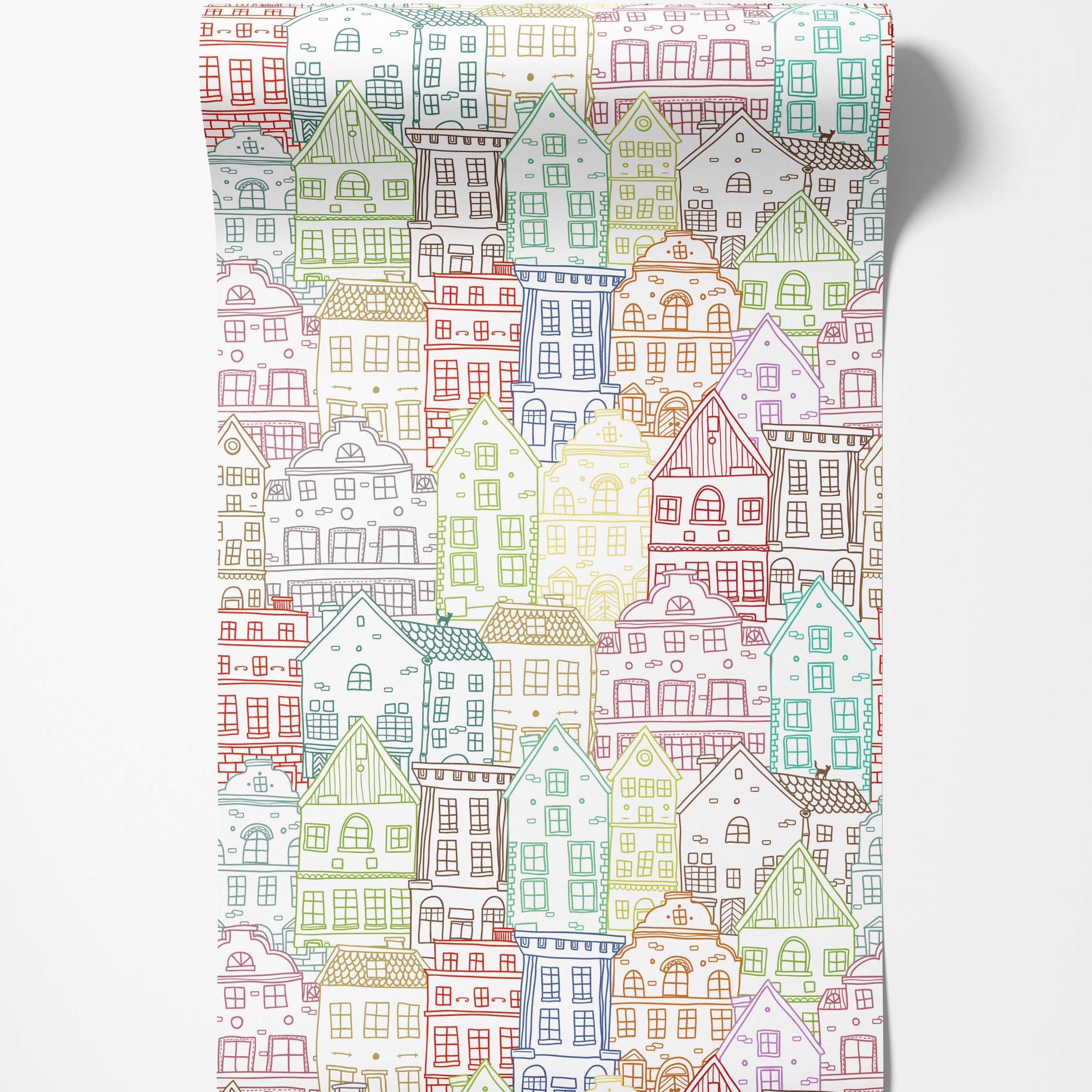 Hand-drawn outline illustration of colorful townhouses in red, green, blue, yellow, brown, and purple on white wallpaper.
