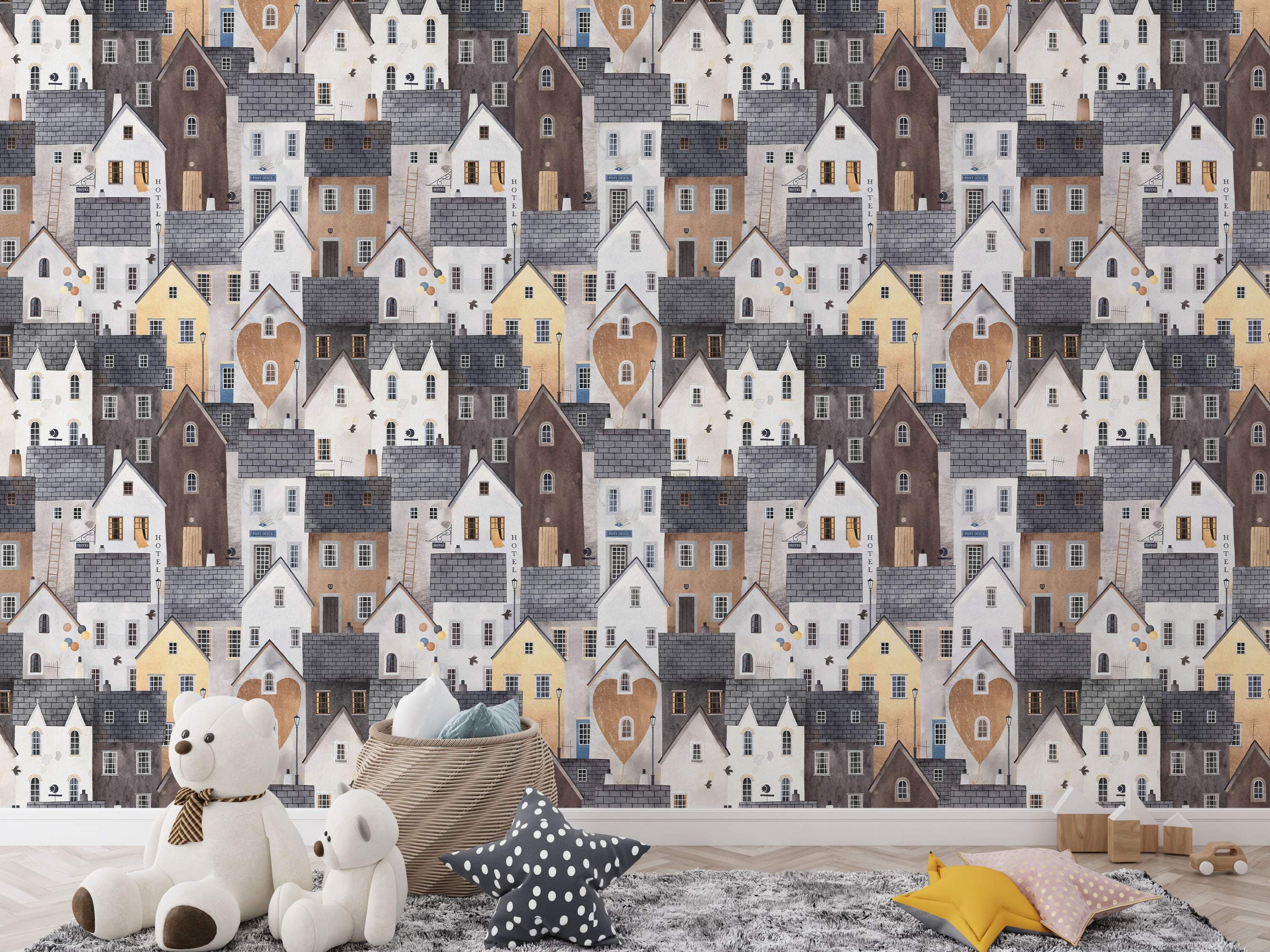 Wallpaper with a repeating pattern of illustrated houses in gray, white, brown, and yellow tones with dark gray roofs.