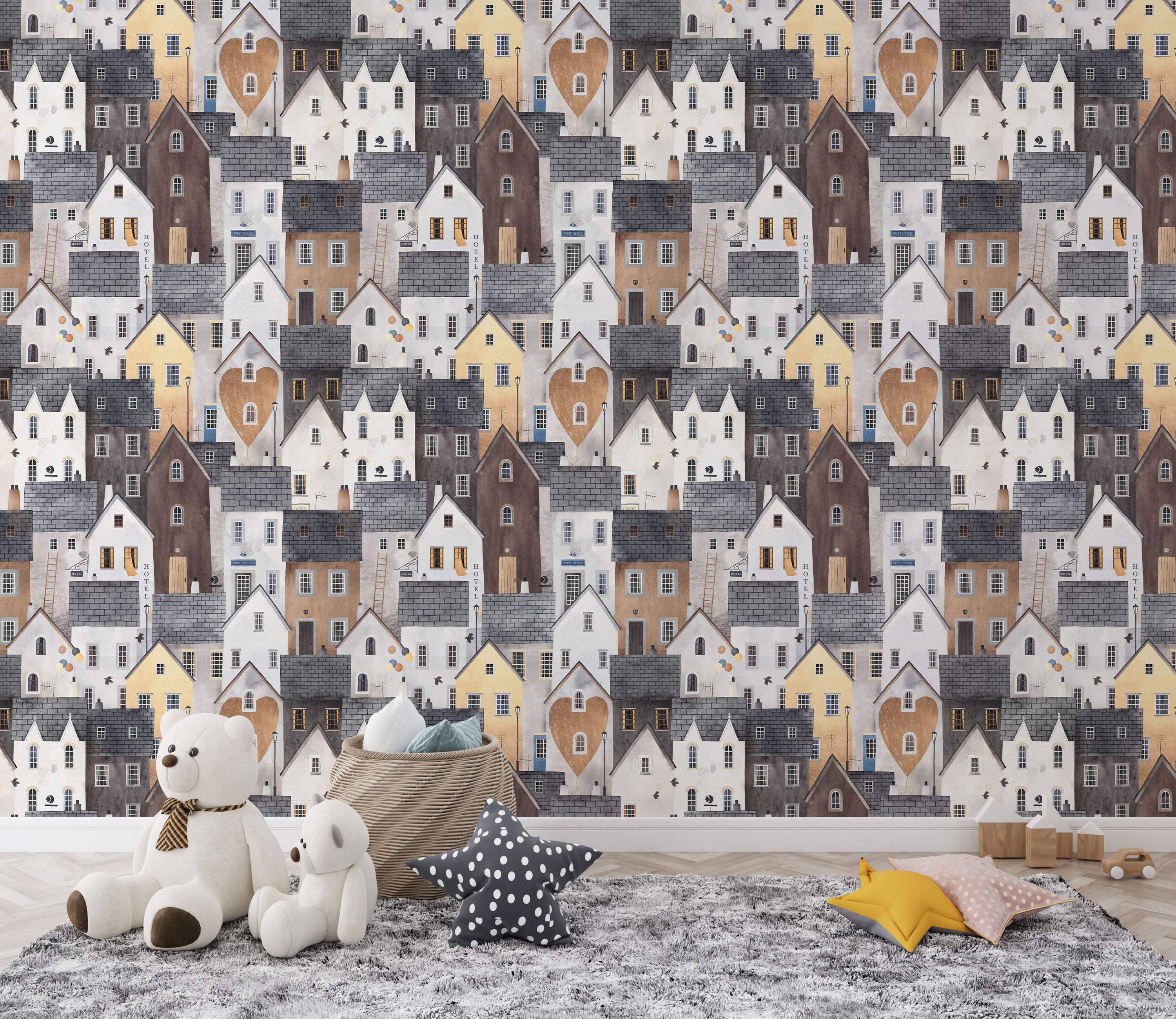 Wallpaper with a repeating pattern of illustrated houses in gray, white, brown, and yellow tones with dark gray roofs.