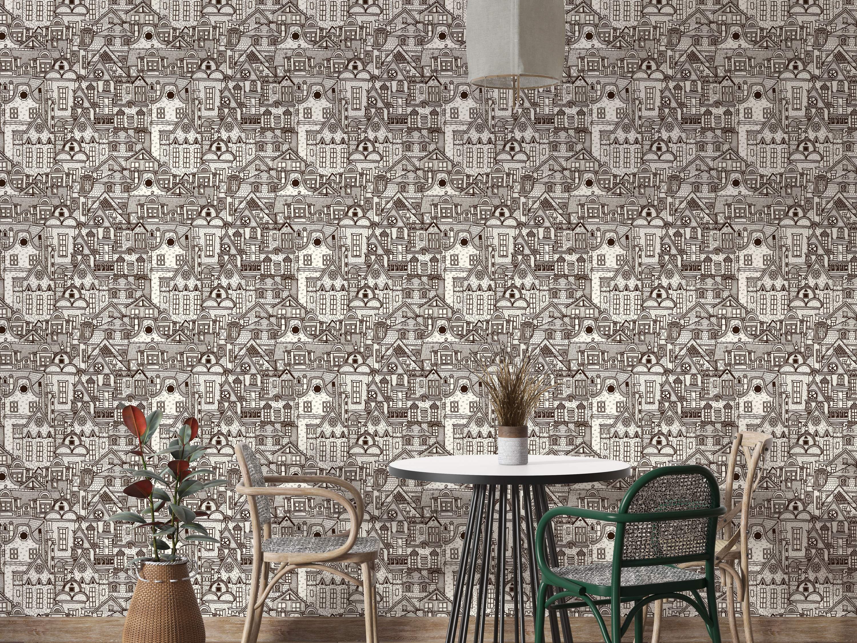 Wallpaper featuring a dense, hand-drawn sketch pattern of whimsical houses in dark brown lines on a cream background.