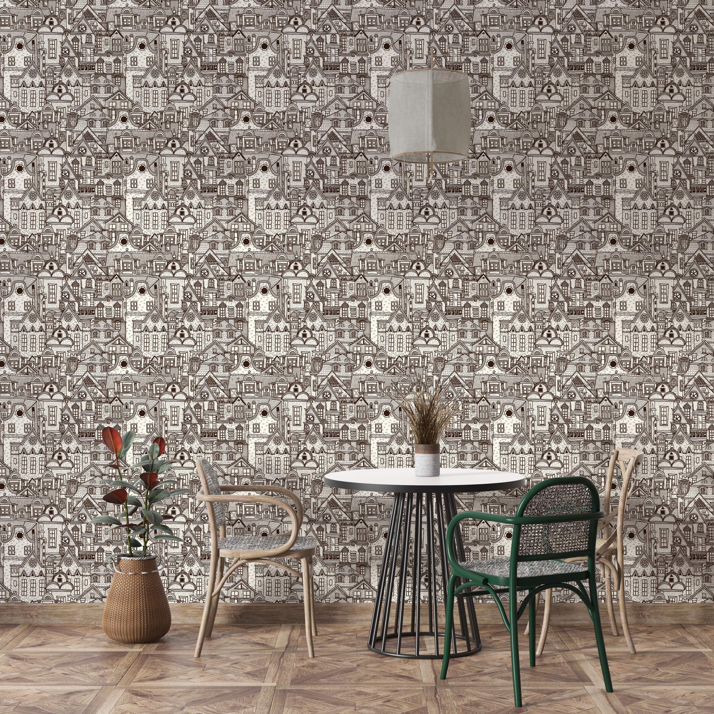 Wallpaper featuring a dense, hand-drawn sketch pattern of whimsical houses in dark brown lines on a cream background.