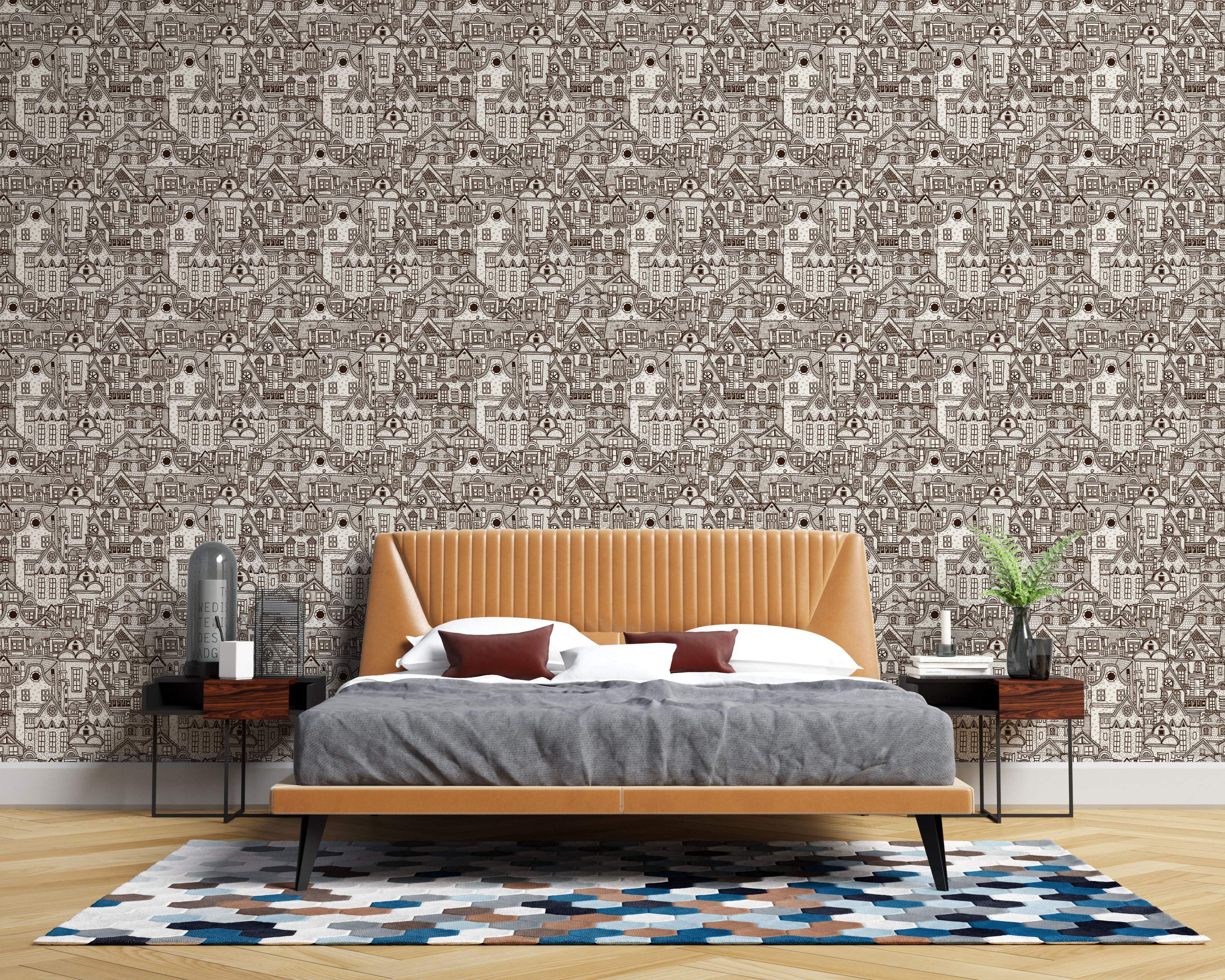 Wallpaper featuring a detailed, hand-drawn sketch pattern of crowded town houses in brown ink on a cream background.