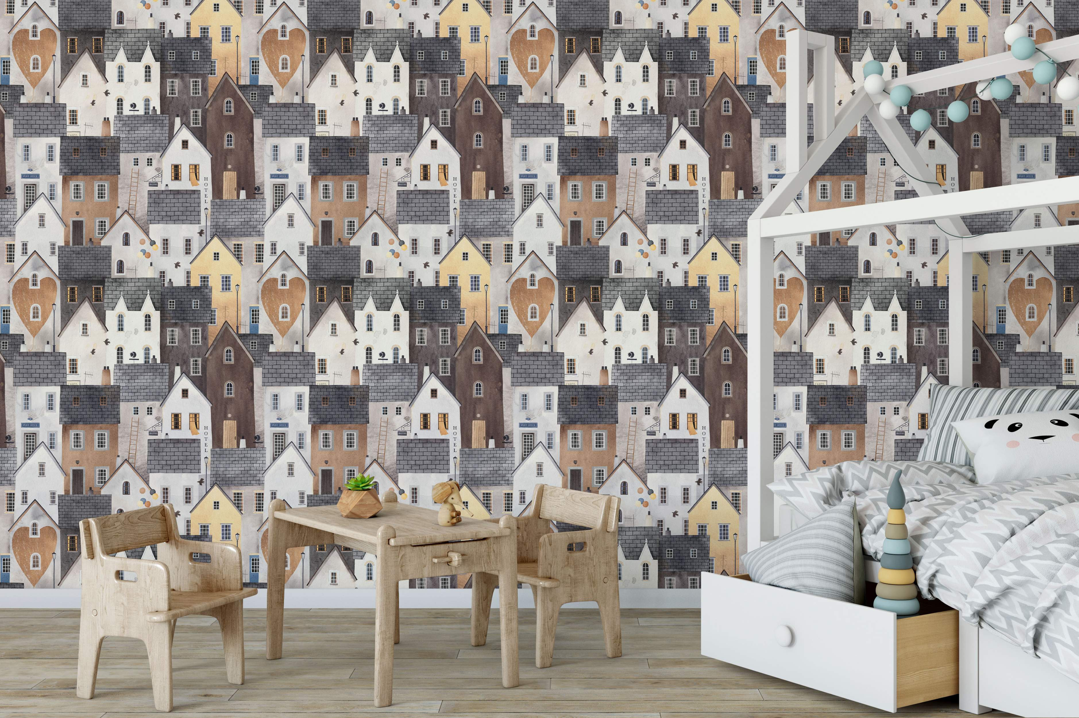 Watercolor wallpaper featuring a dense pattern of stylized town houses in muted brown, grey, white, and yellow tones.