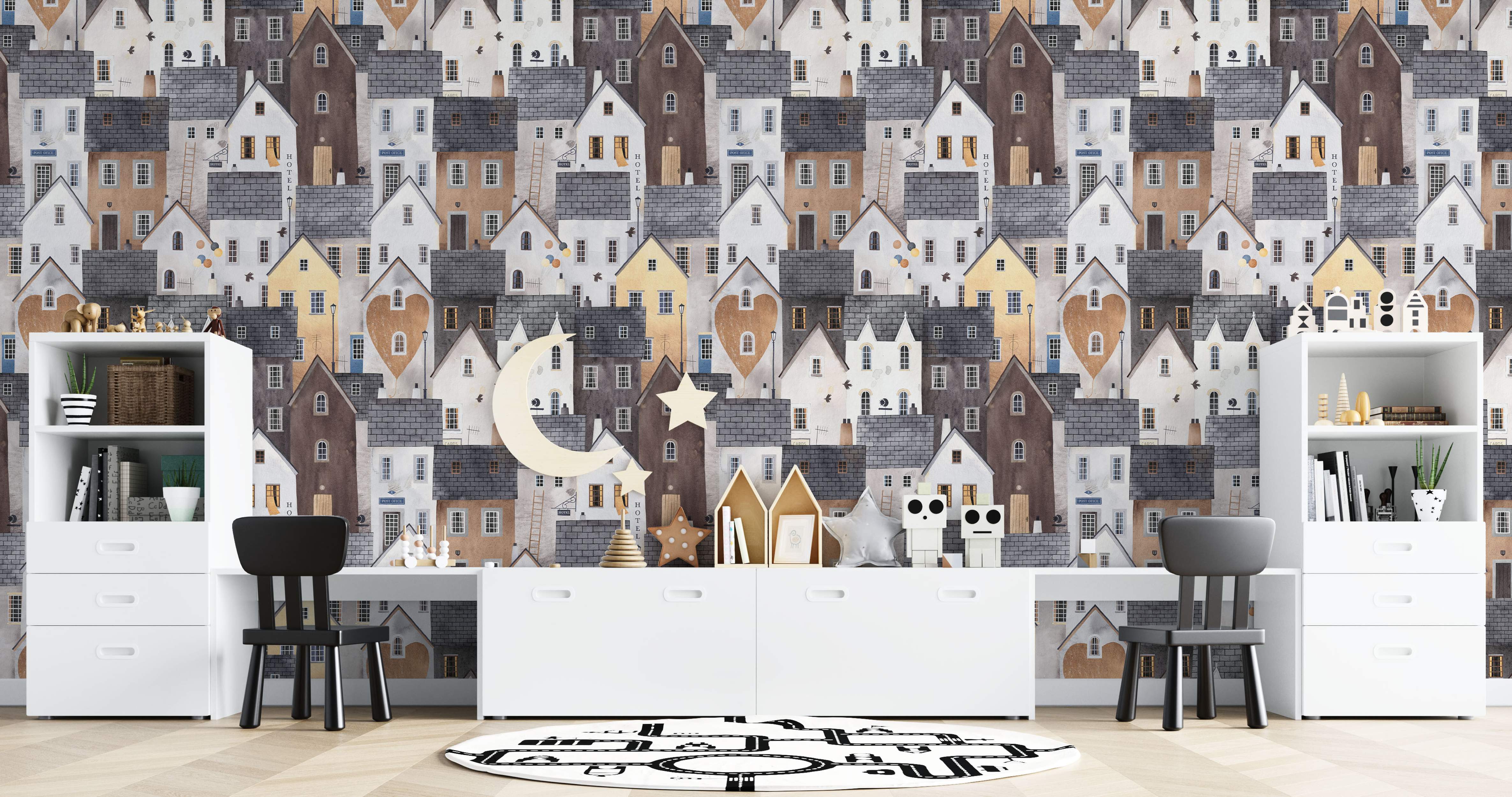 Wallpaper with a charming illustrated townscape pattern of houses in brown, grey, white, and touches of yellow.